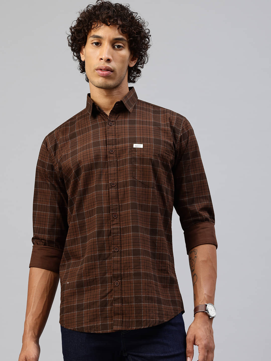 MAJESTIC MAN 100% Cotton Slim Fit Checks Full Sleeves Men's Casual Shirt - Brown ( Pack of 1 )