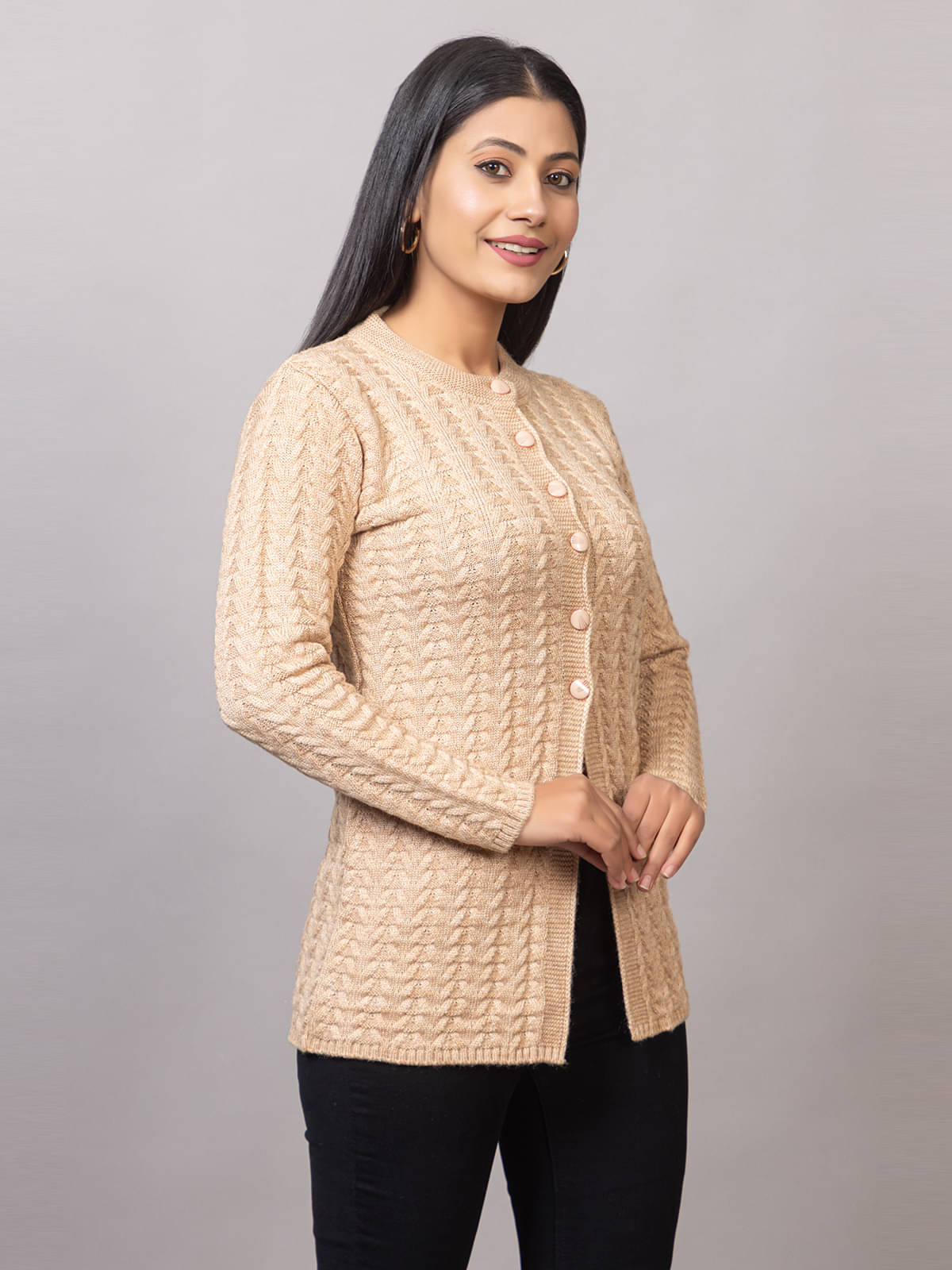     			MISDYNAMIC Women Acrylic Round Neck Cardigan ( Beige )