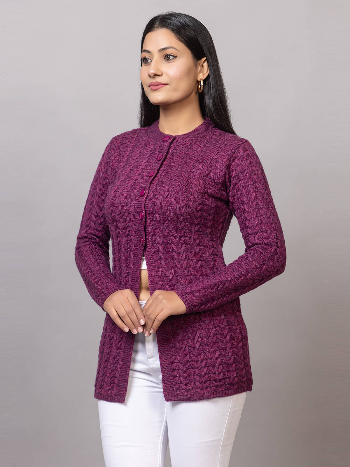     			MISDYNAMIC Acrylic Round Neck Women's Cardigans Dress - Purple ( Single )