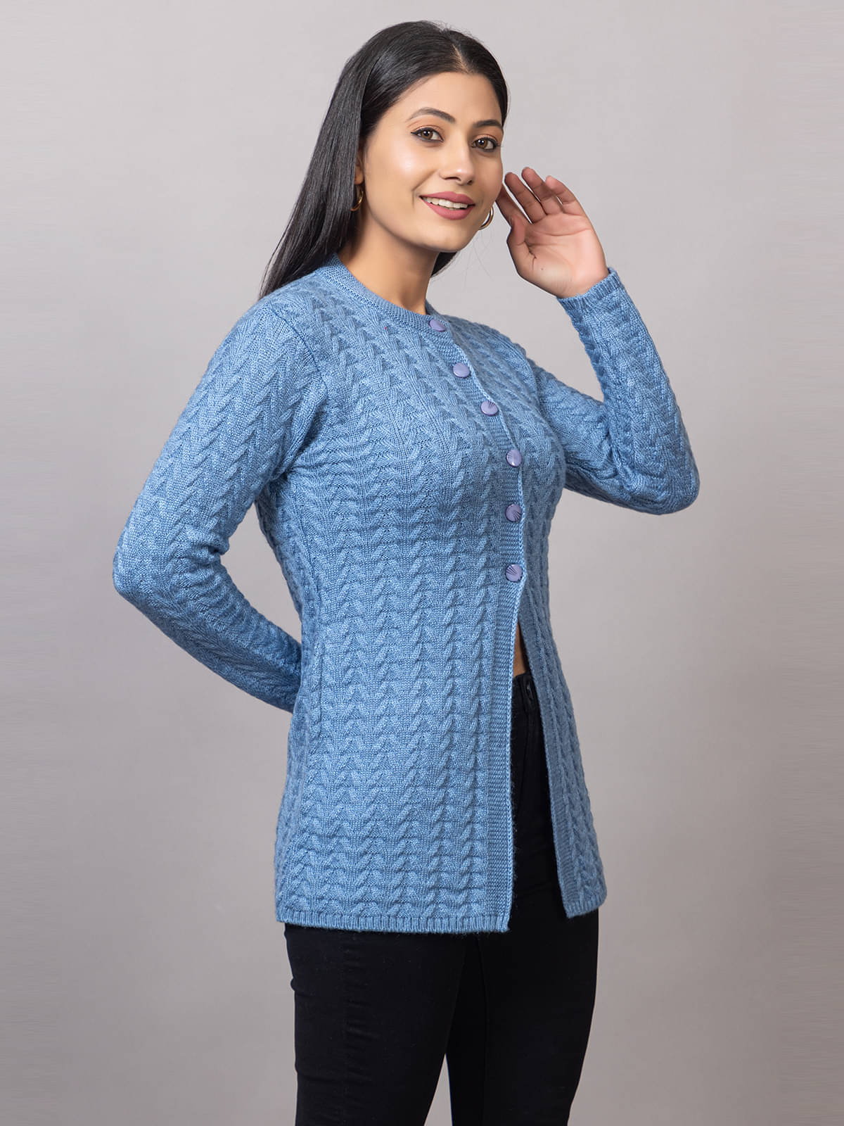     			MISDYNAMIC Women Acrylic Round Neck Cardigan ( Blue )