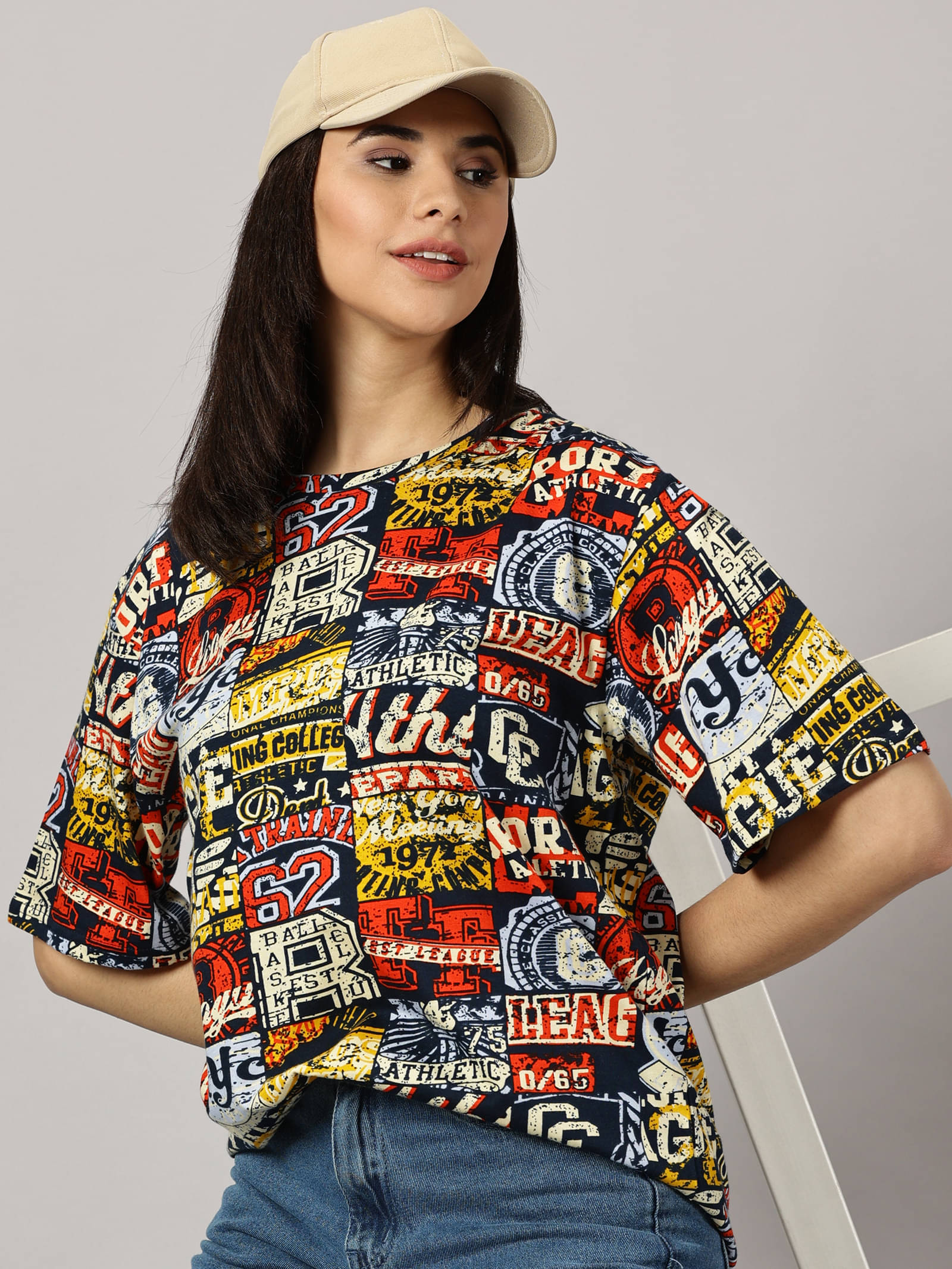     			RodZen Women Cotton Printed Oversized Fit Round Neck T-Shirt ( Multicolor )