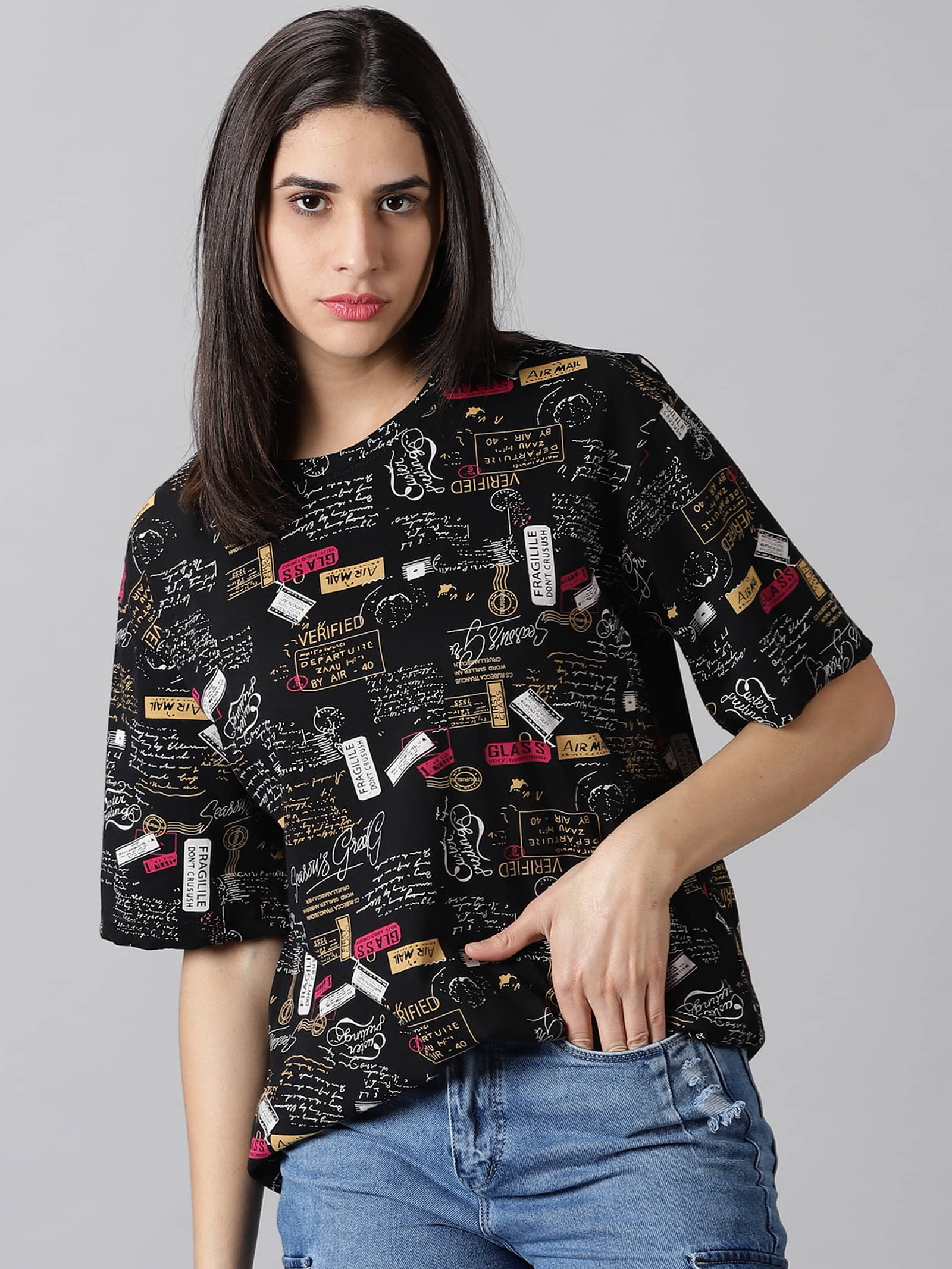 RodZen Women Cotton Printed Oversized Fit Round Neck T-Shirt ( Black )
