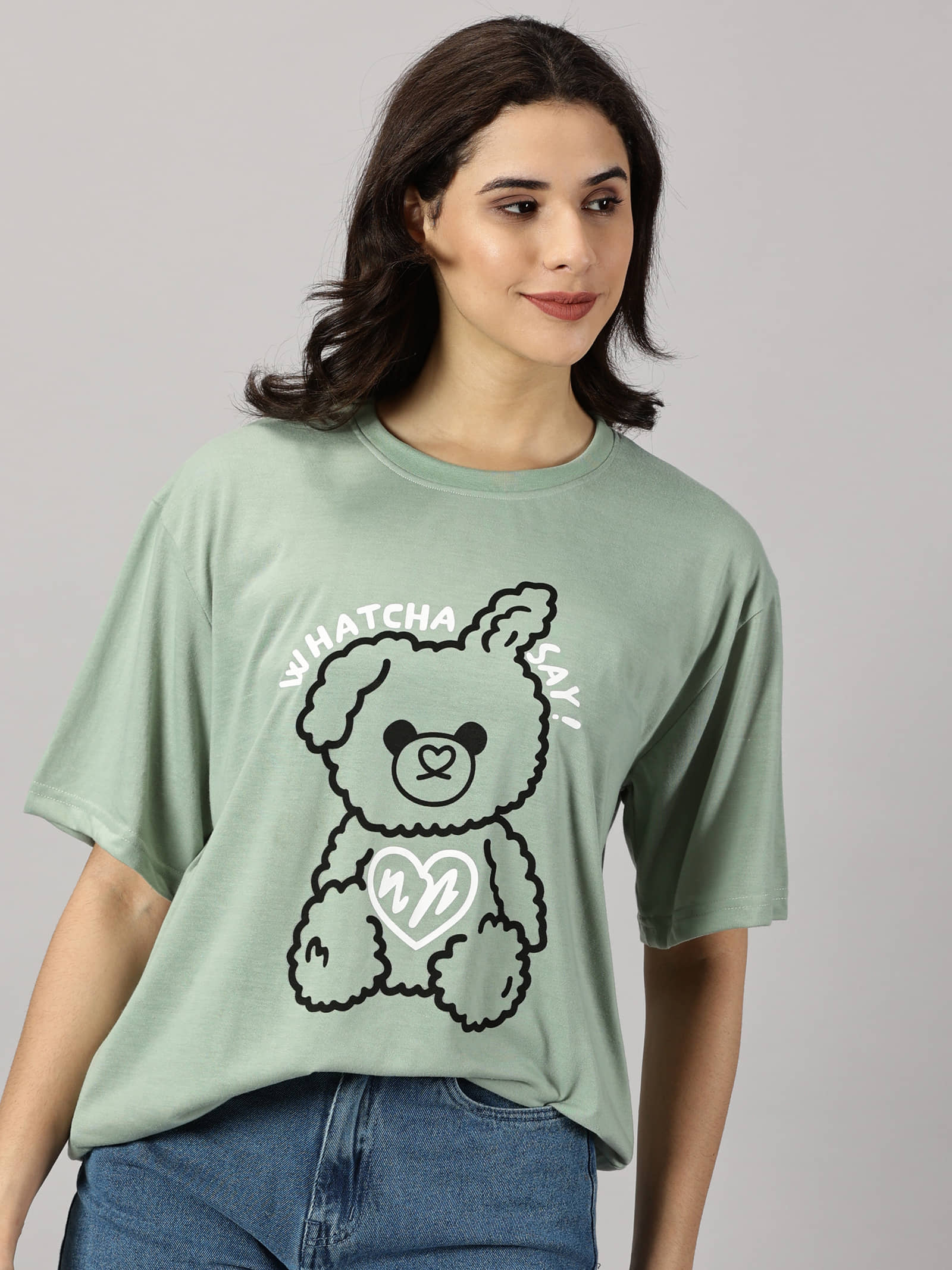 RodZen Women Cotton Blend Printed Oversized Fit Round Neck T-Shirt ( Mint Green )
