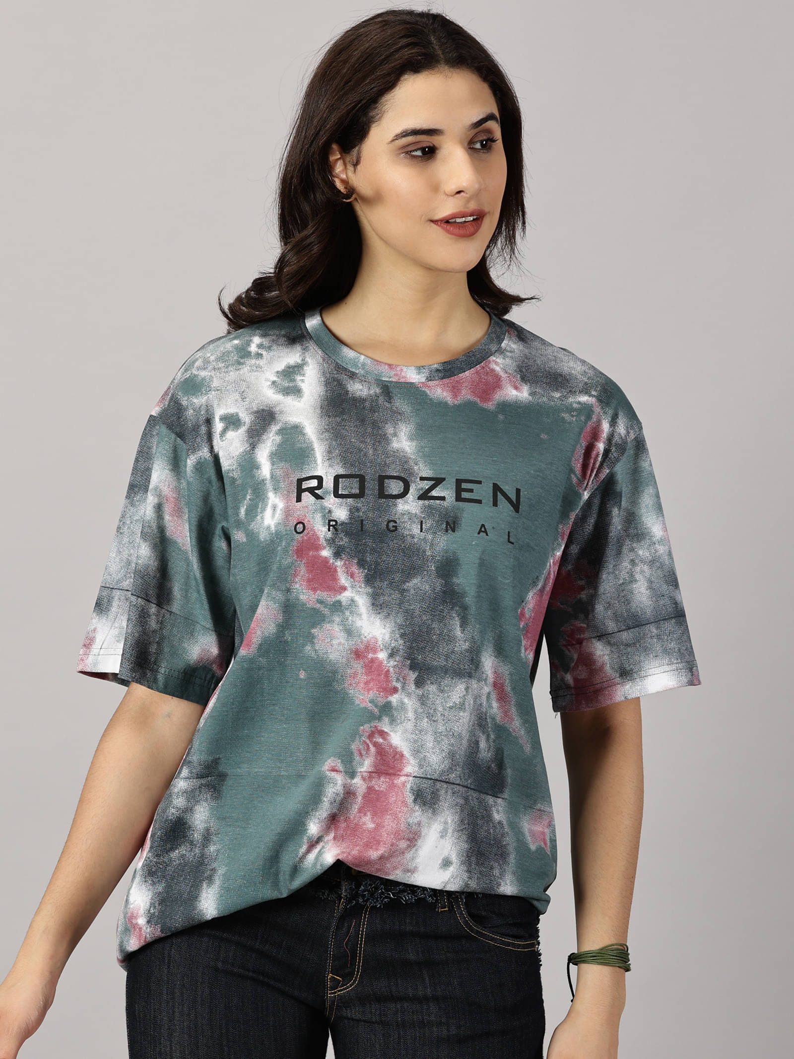     			RodZen Women Cotton Dyed Oversized Fit Round Neck T-Shirt ( Grey )
