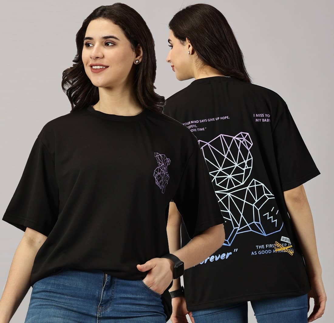 RodZen Women Cotton Blend Printed Oversized Fit Round Neck T-Shirt ( Black )