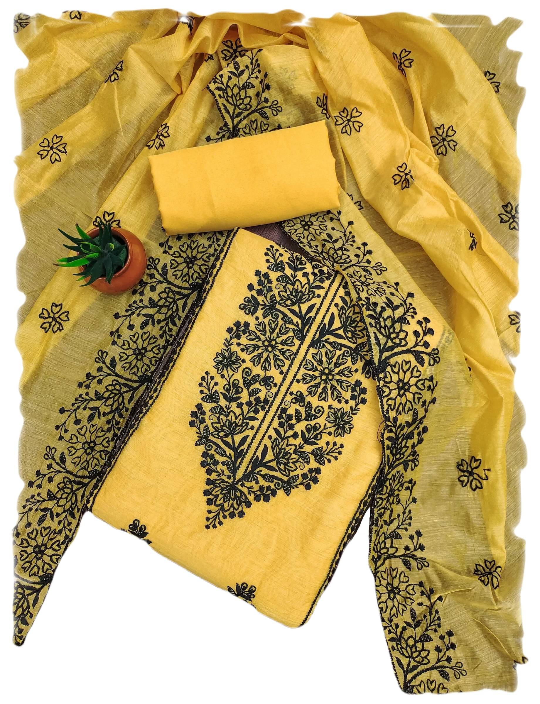 Sidhidata Unstitched Chanderi Embroidered Dress Material - Yellow ( Pack of 1 )     			Sidhidata Unstitched Chanderi Embroidered Dress Material - Yellow ( Pack of 1 )