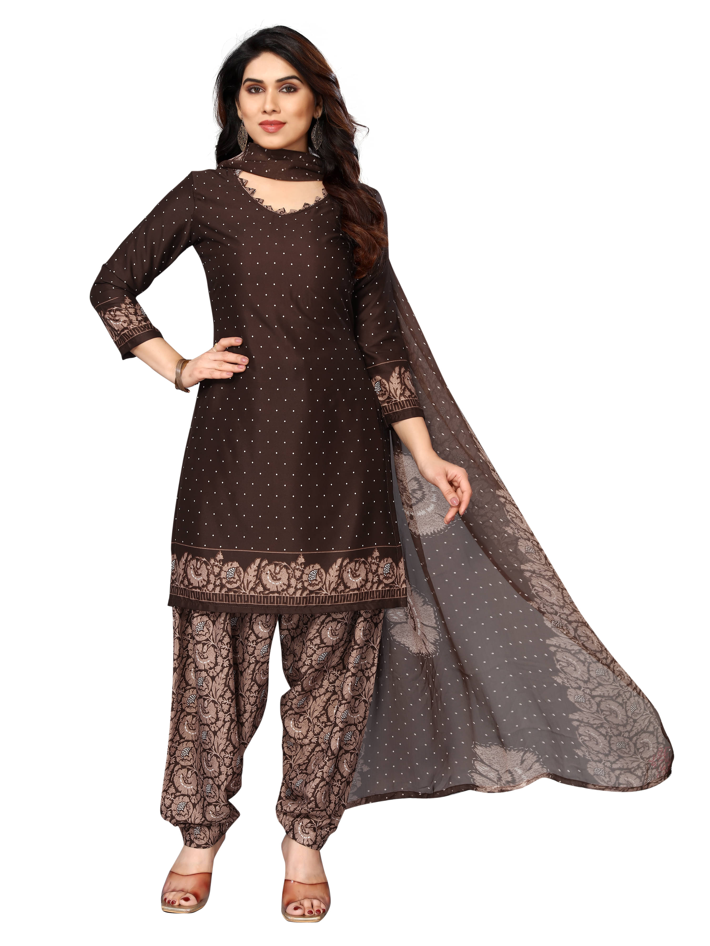 Sidhidata Unstitched Crepe Printed Dress Material - Brown ( Pack of 1 )     			Sidhidata Unstitched Crepe Printed Dress Material - Brown ( Pack of 1 )
