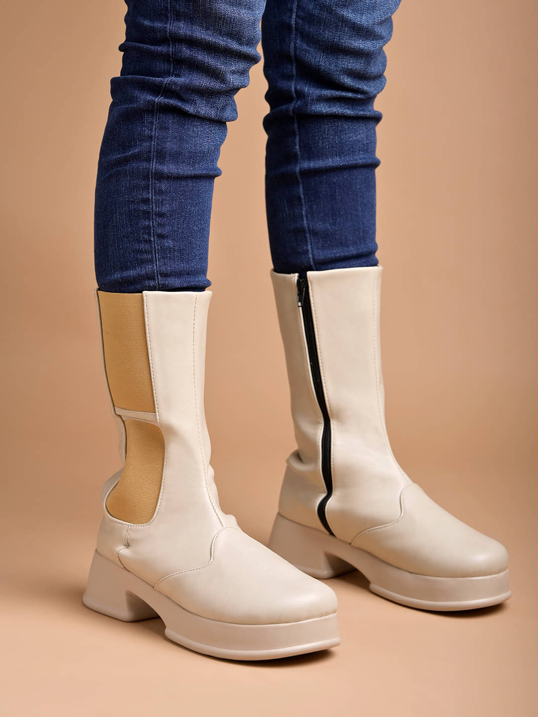 Stylestry Cream Women's Mid Calf Length Boots Stylestry Cream Women's Mid Calf Length Boots