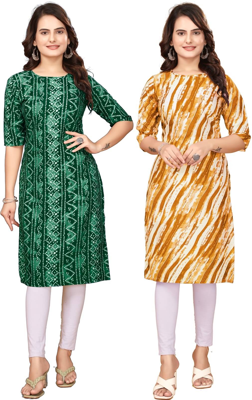 VACHHARAJ DESIGN Pack of 2 Crepe Printed Straight Women's Kurti - ( Green,Yellow ) VACHHARAJ DESIGN Pack of 2 Crepe Printed Straight Women's Kurti - ( Green,Yellow )