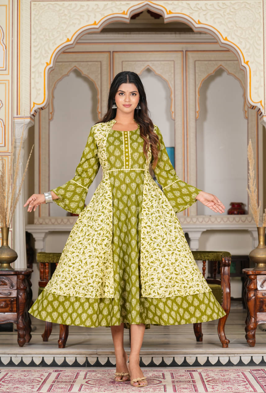Yash Gallery Pack of 1 Cotton Printed Anarkali Women's Kurti - ( Green ) Yash Gallery Pack of 1 Cotton Printed Anarkali Women's Kurti - ( Green )