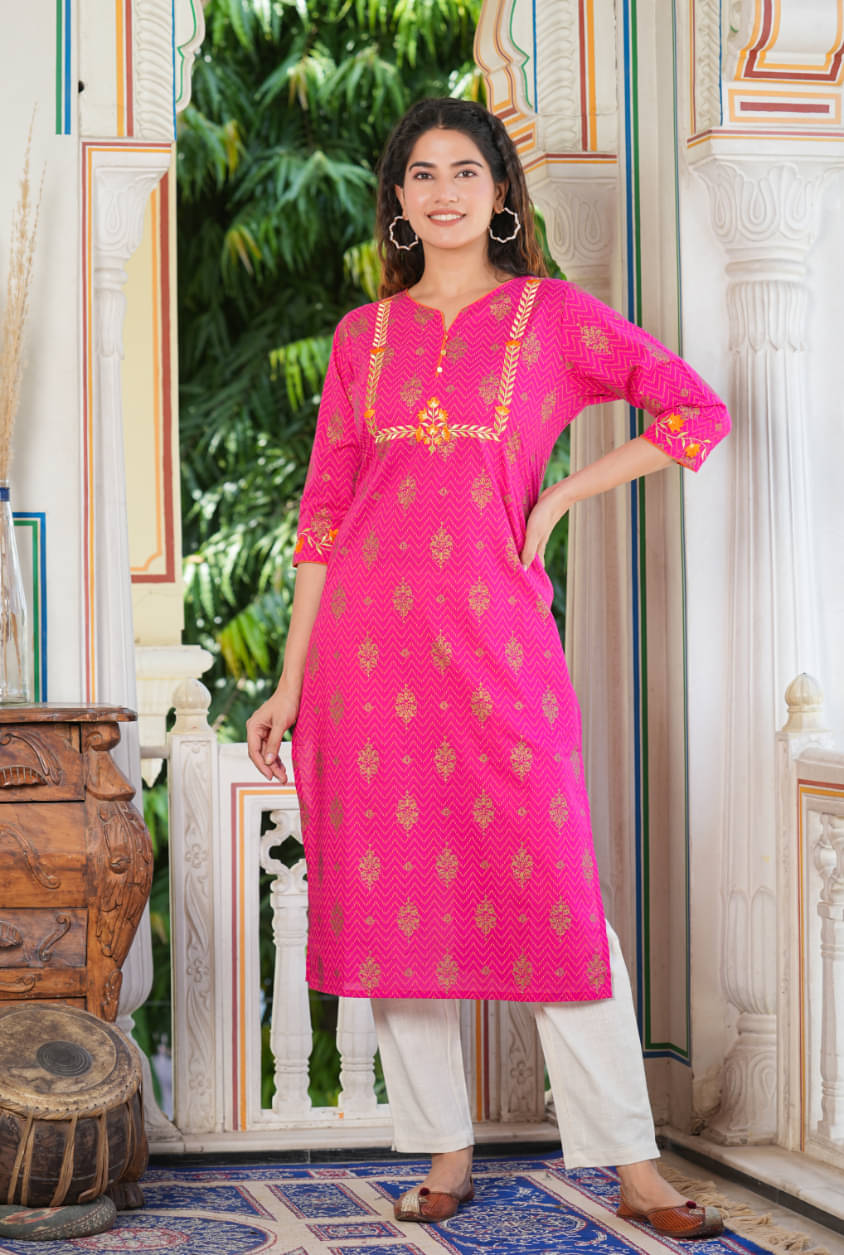     			Yash Gallery Pack of 1 Cotton Printed Straight Women's Kurti - ( Pink )