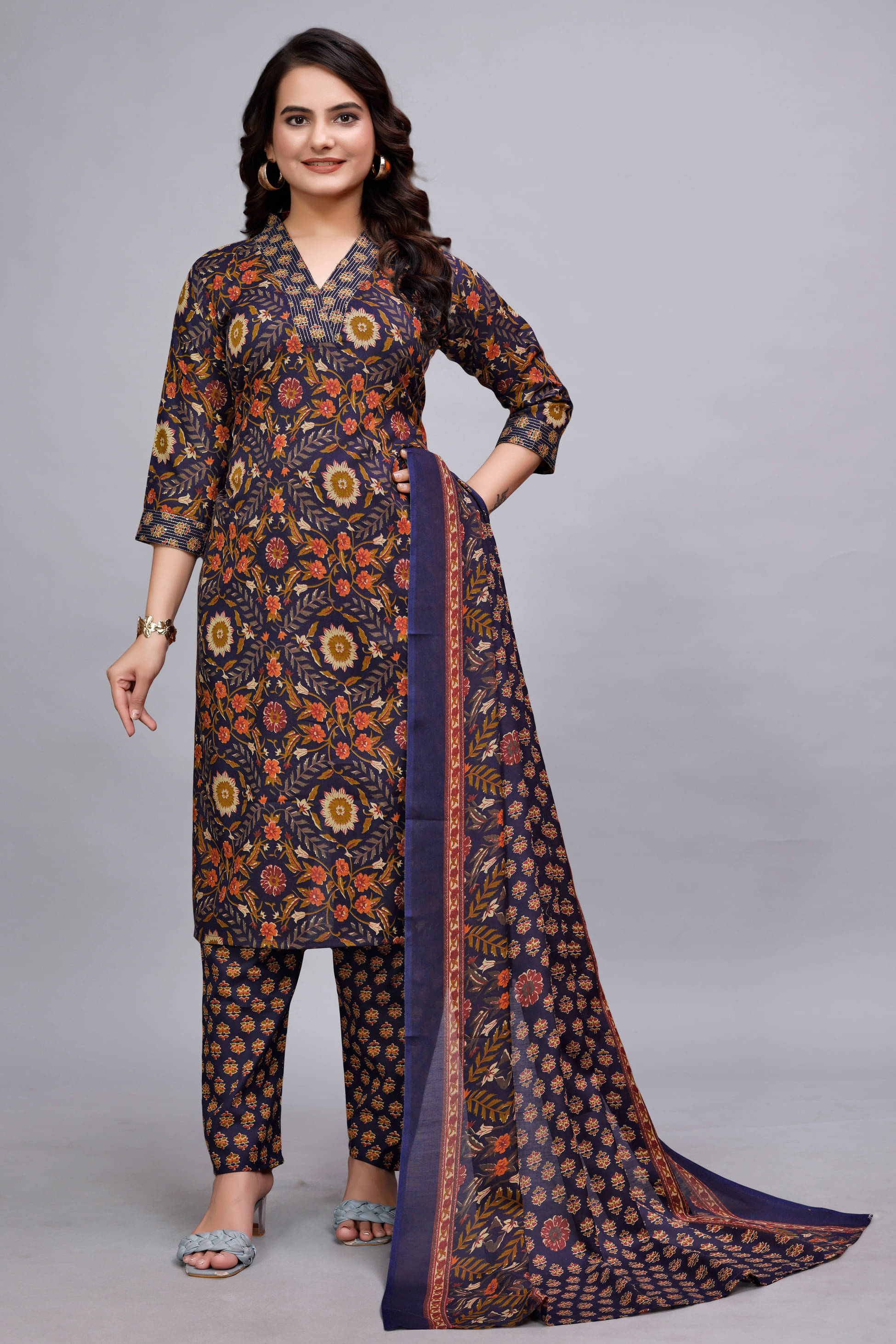     			Devakii Cotton Blend Printed Kurti With Pants Women's Stitched Salwar Suit - Navy Blue ( Pack of 1 )