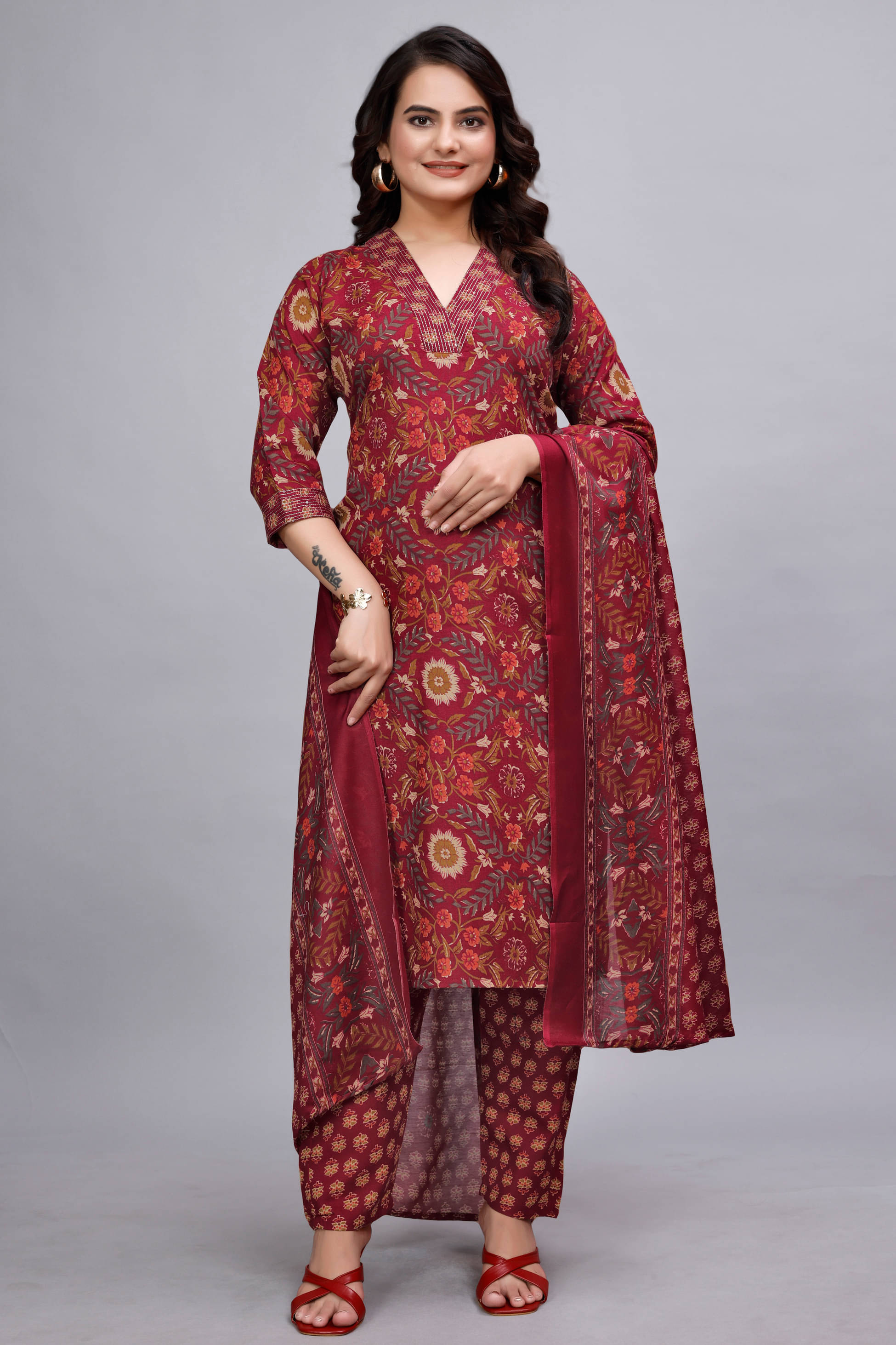     			Devakii Cotton Blend Printed Kurti With Pants Women's Stitched Salwar Suit - Maroon ( Pack of 1 )