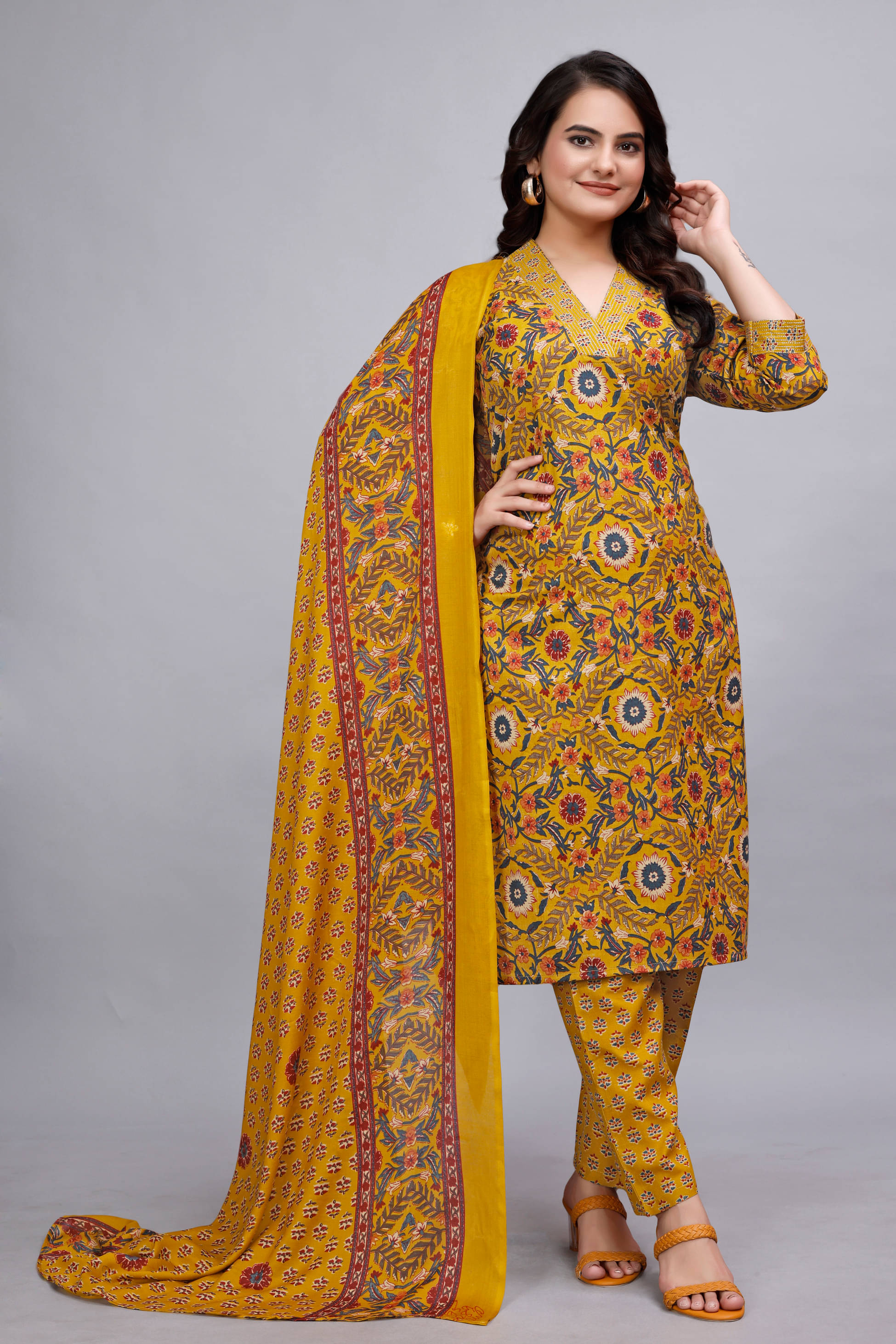     			Devakii Cotton Blend Printed Kurti With Pants Women's Stitched Salwar Suit - Mustard ( Pack of 1 )