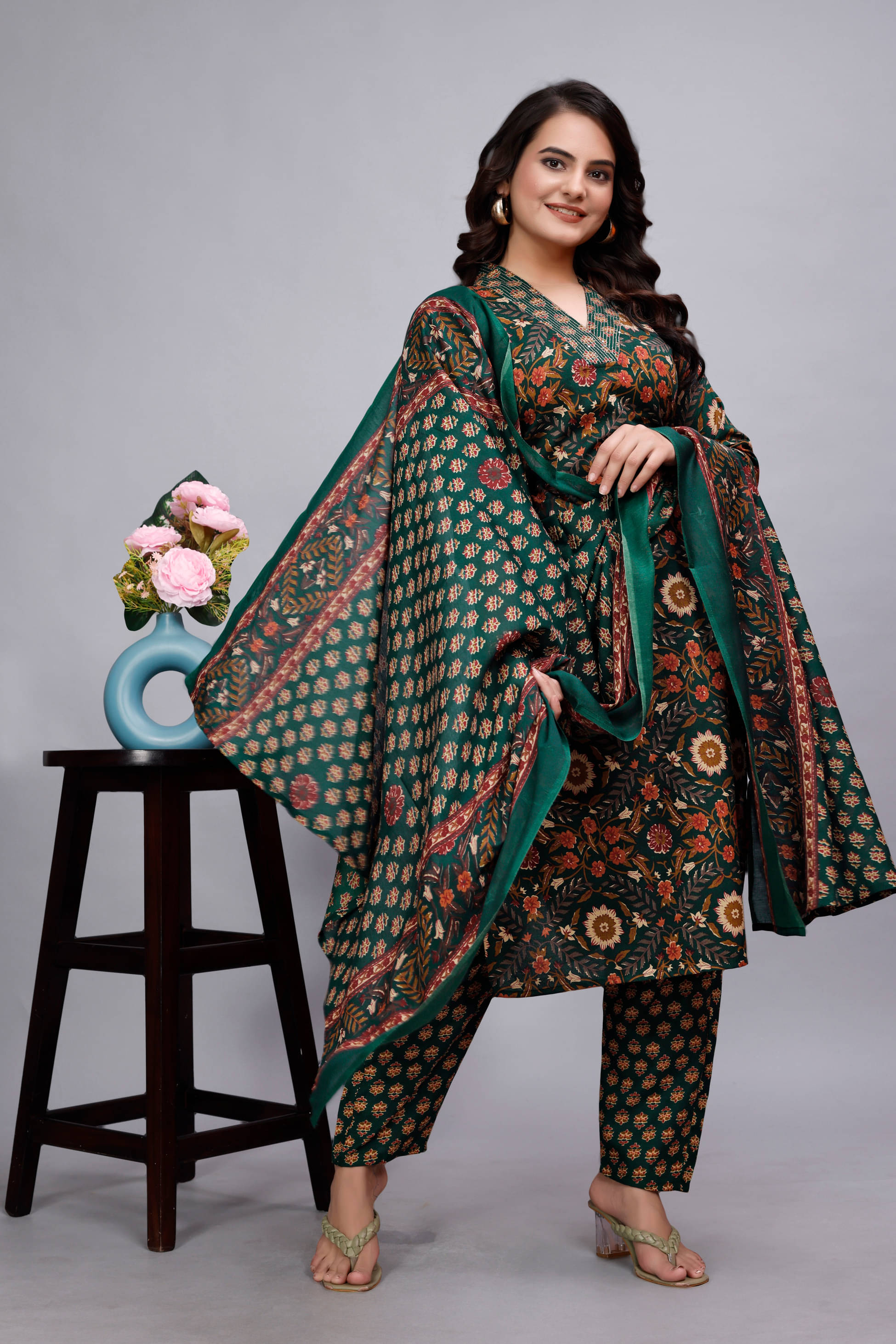     			Devakii Cotton Blend Printed Kurti With Pants Women's Stitched Salwar Suit - Green ( Pack of 1 )