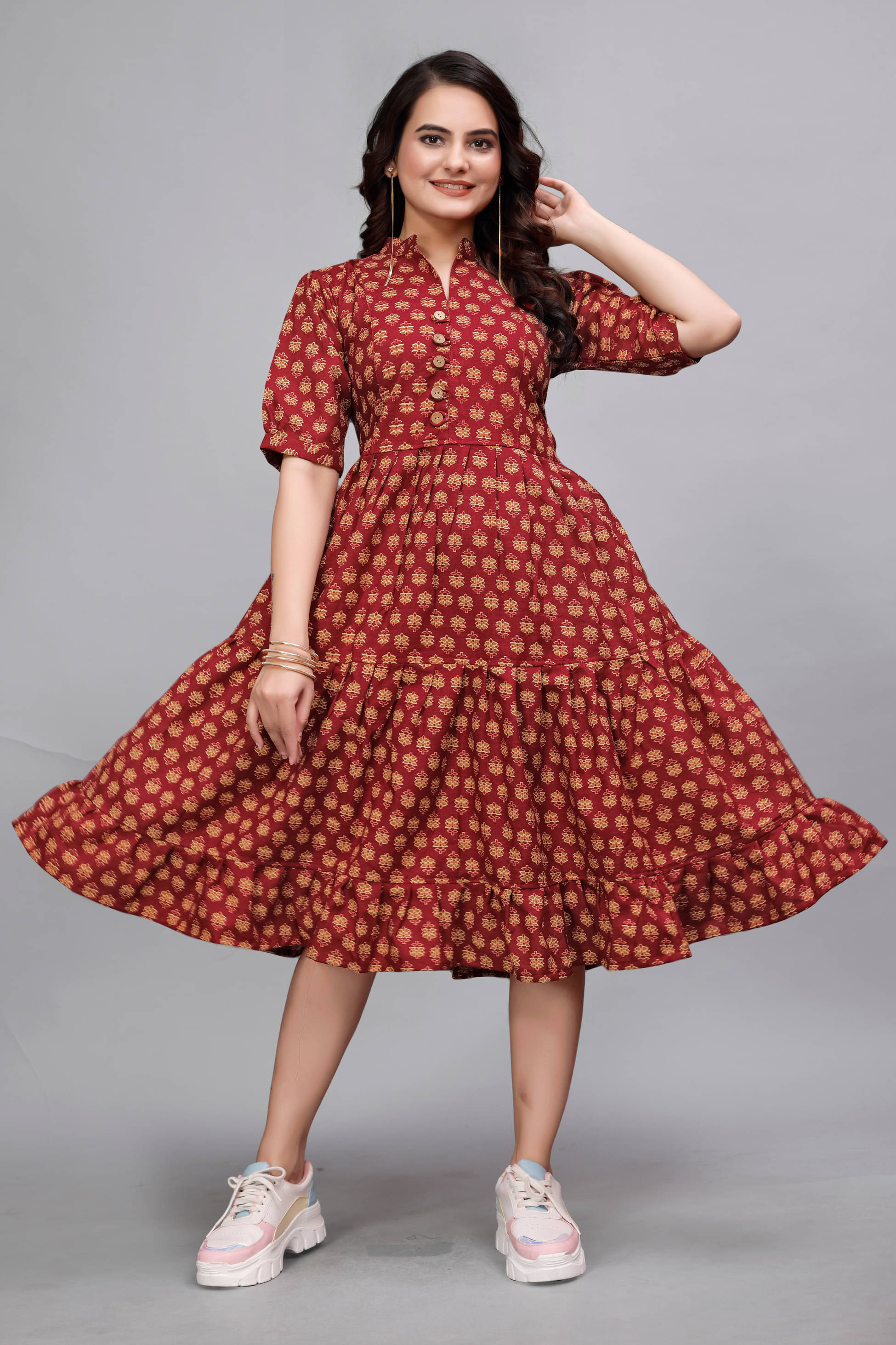Devakii Women Cotton Blend Printed Fit & Flare Dress ( Maroon ) Devakii Women Cotton Blend Printed Fit & Flare Dress ( Maroon )