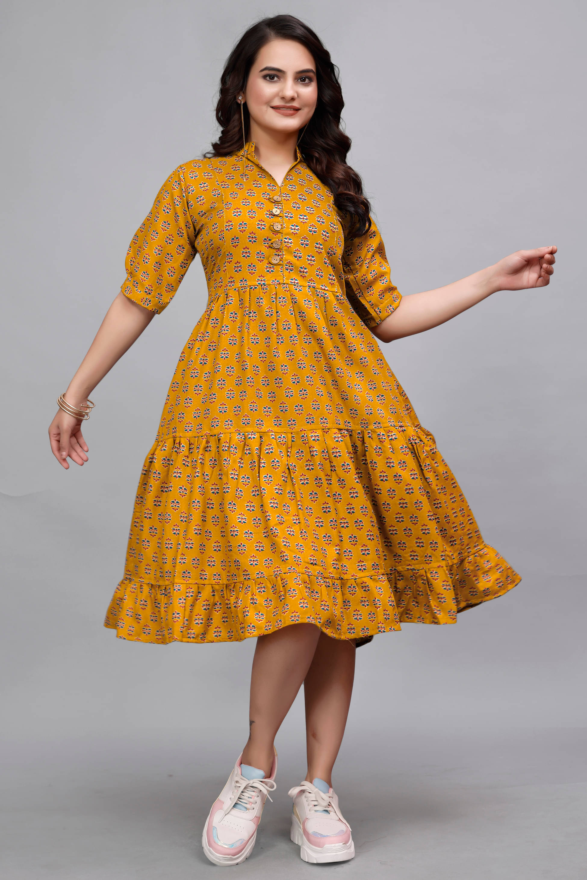     			Devakii Women Cotton Blend Printed Fit & Flare Dress ( Mustard )