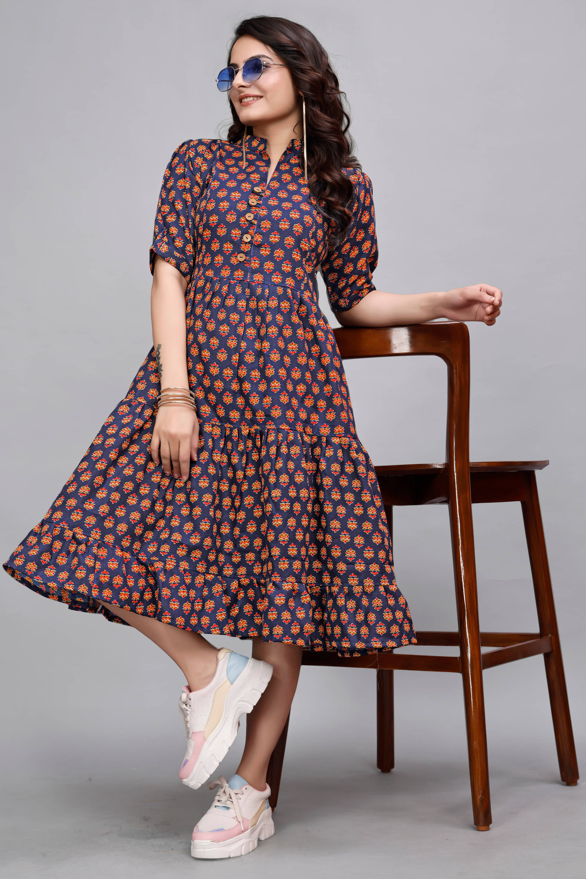 Devakii Women Cotton Blend Printed Fit & Flare Dress ( Navy Blue ) Devakii Women Cotton Blend Printed Fit & Flare Dress ( Navy Blue )