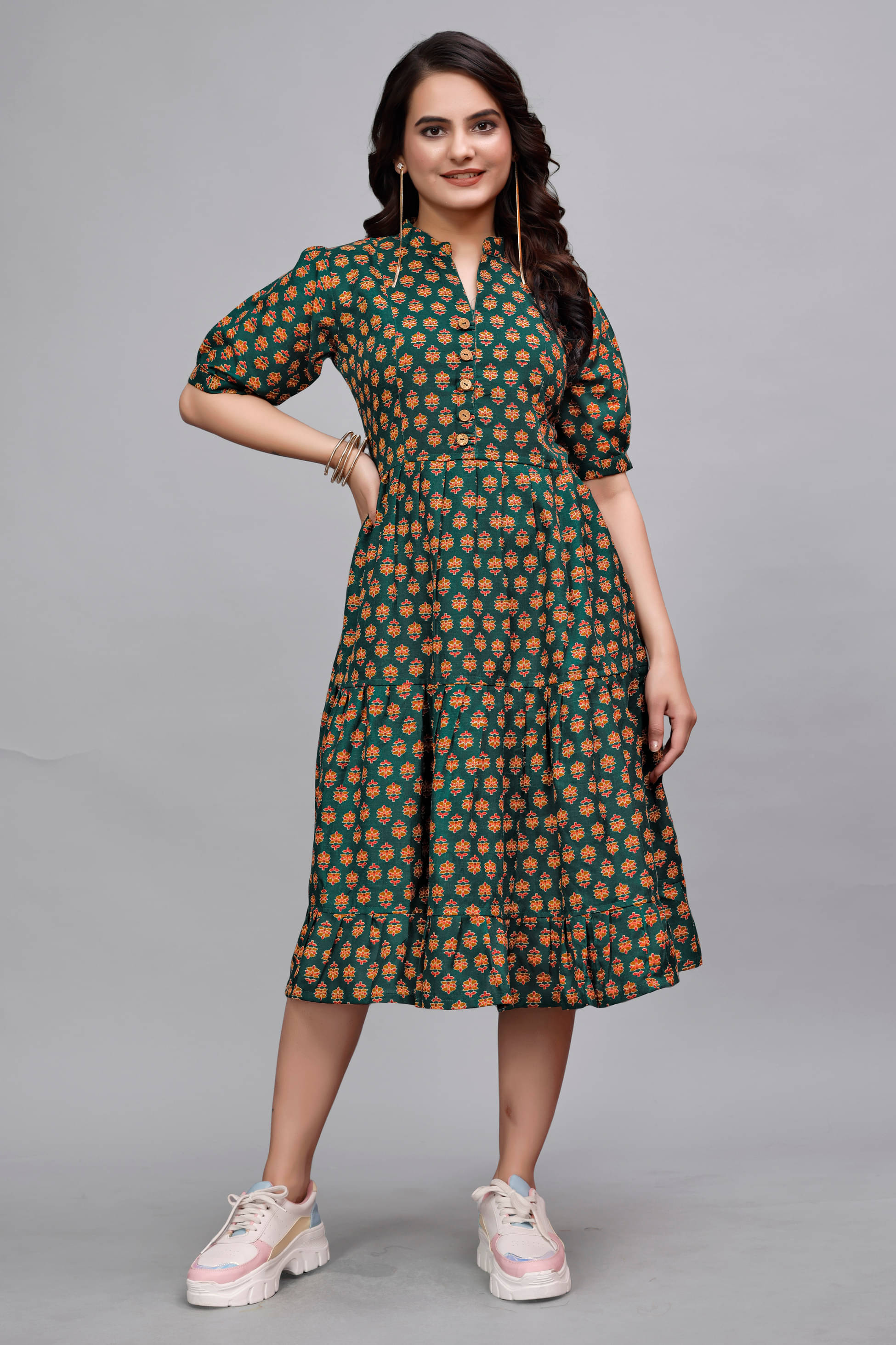     			Devakii Women Cotton Blend Printed Fit & Flare Dress ( Green )