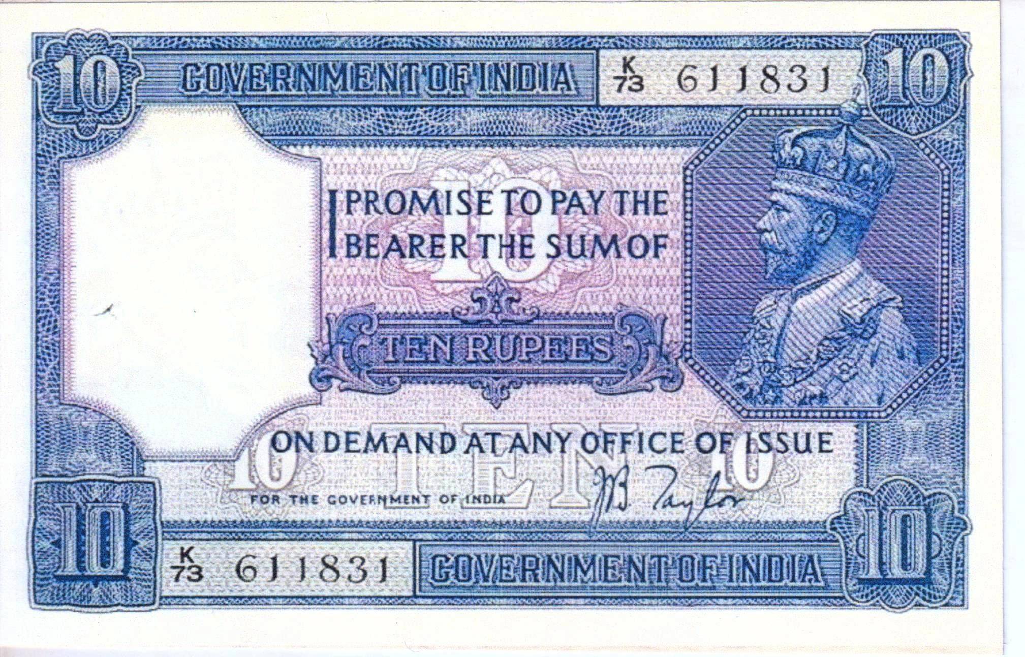    			Extreme Rare 10 Rupee King George V Note Signed By J B Taylor