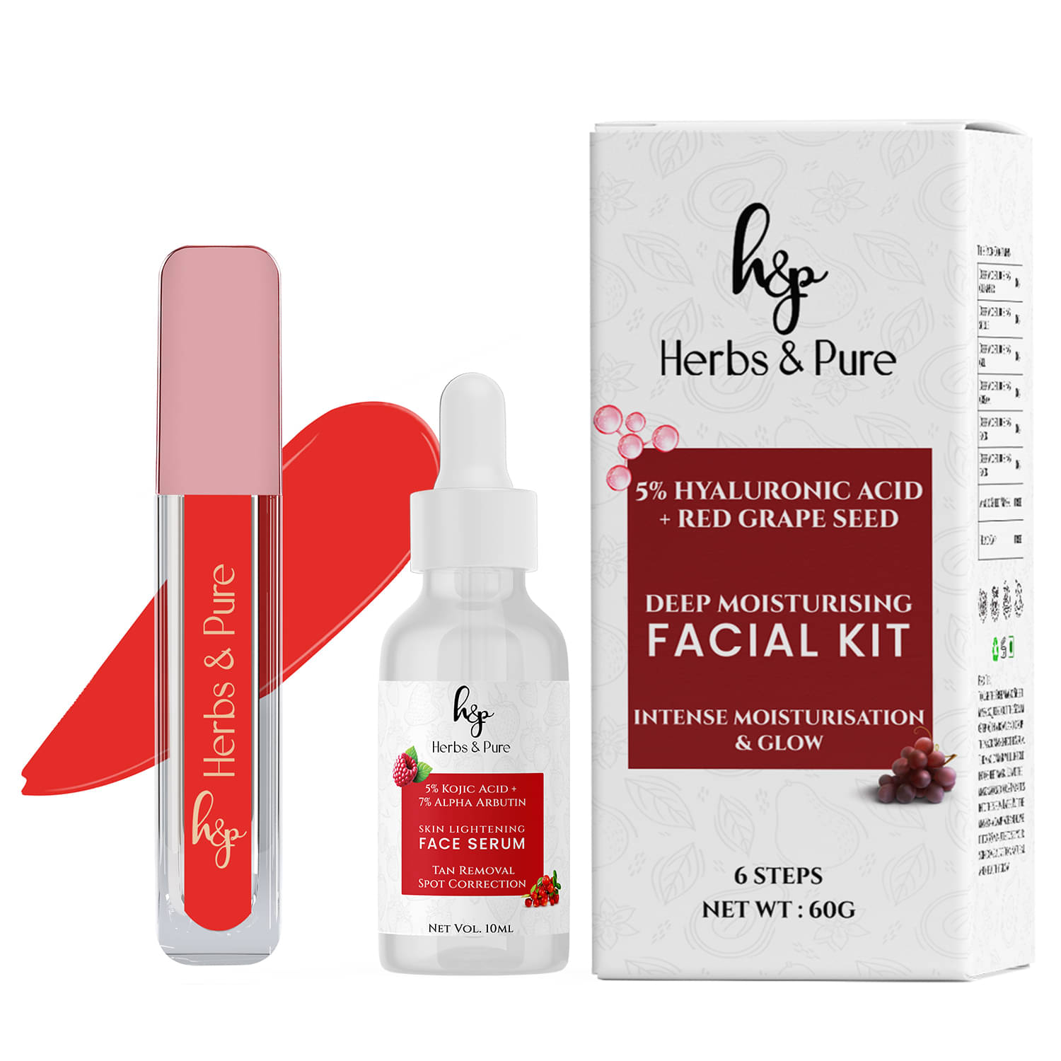     			Herbs and Pure Red Grapes Facial Kit, Kojic Face Serum & Waterproof Lipstick- Rebel Ruby, 76g)