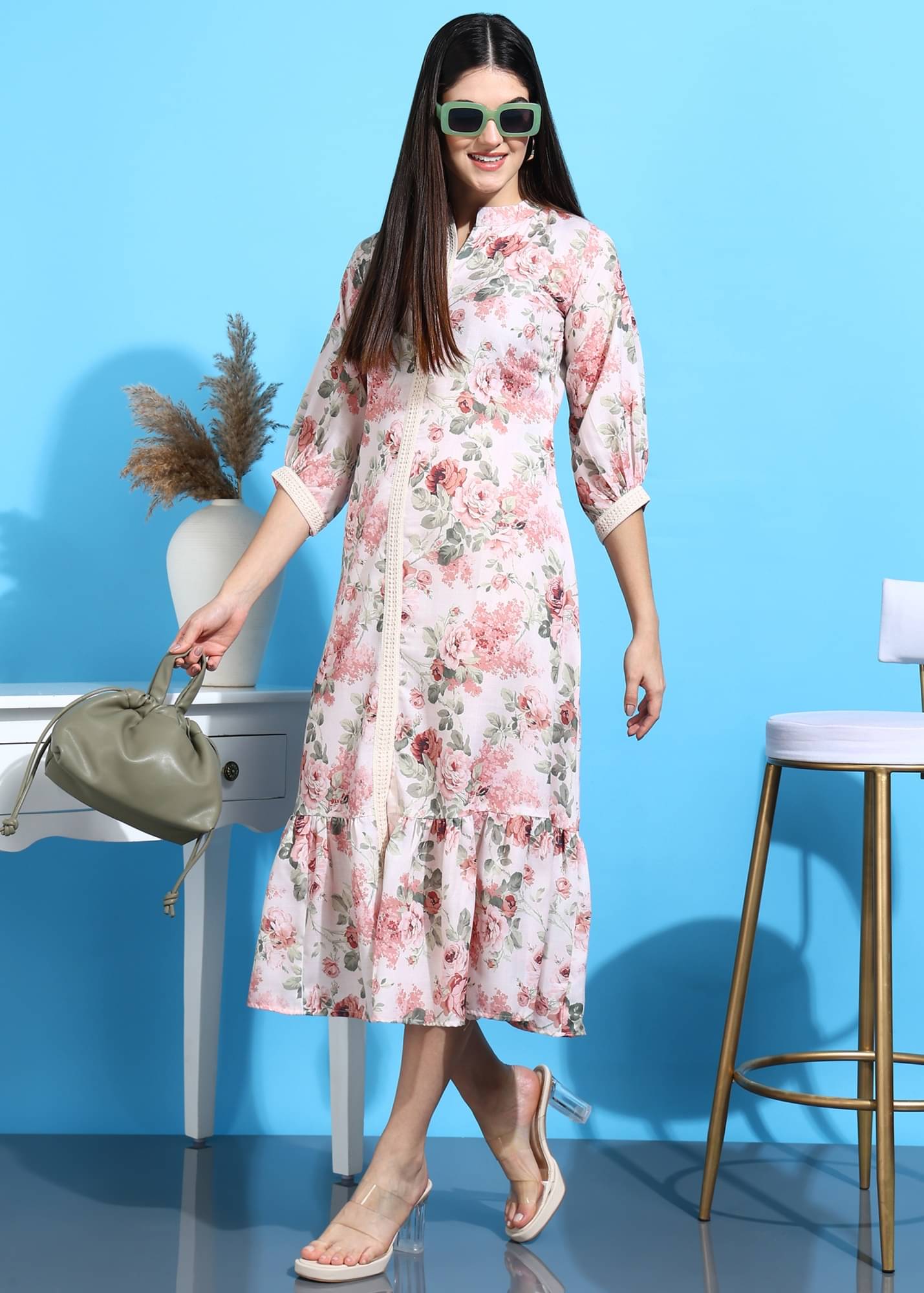     			Hiva Trendz Women Cotton Blend Printed A-line Dress ( Beige )