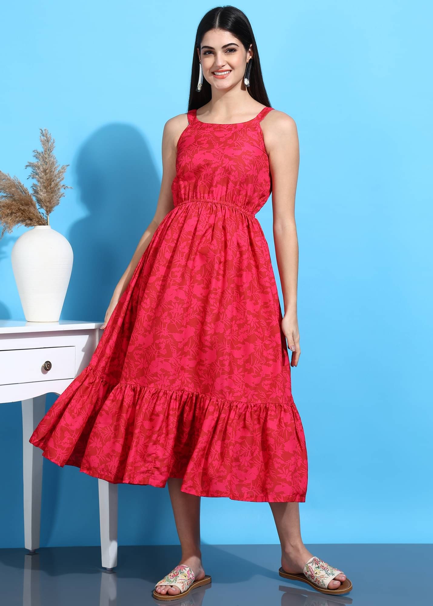     			Hiva Trendz Women Crepe Printed Fit & Flare Dress ( Pink )