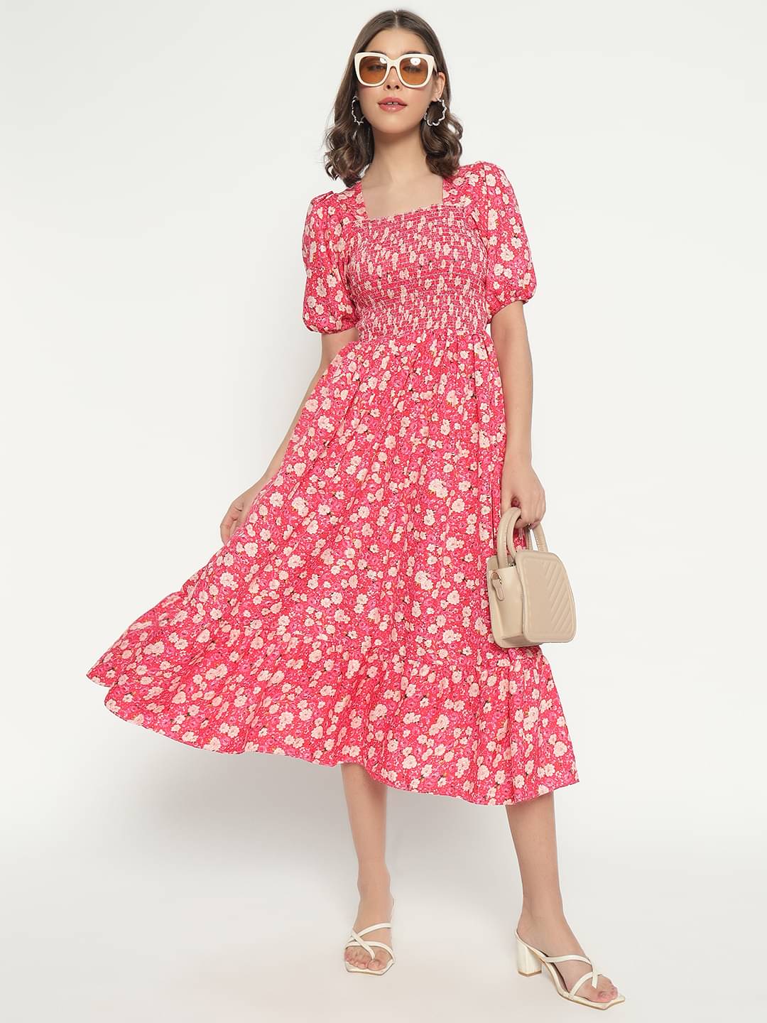 JASH CREATION Polyester Printed Midi Women's Fit & Flare Dress - Peach ( Pack of 1 ) JASH CREATION Polyester Printed Midi Women's Fit & Flare Dress - Peach ( Pack of 1 )
