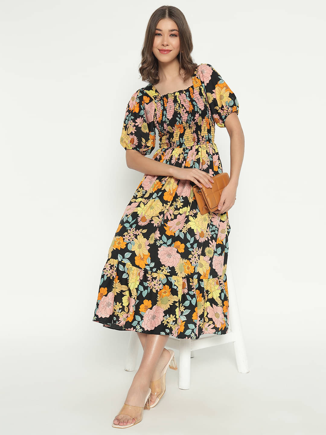 JASH CREATION Polyester Printed Midi Women's Fit & Flare Dress - Yellow ( Pack of 1 ) JASH CREATION Polyester Printed Midi Women's Fit & Flare Dress - Yellow ( Pack of 1 )