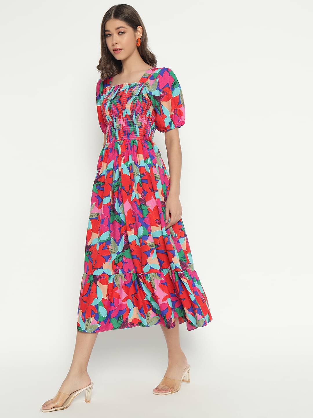 JASH CREATION Polyester Printed Midi Women's Fit & Flare Dress - Multi Color ( Pack of 1 ) JASH CREATION Polyester Printed Midi Women's Fit & Flare Dress - Multi Color ( Pack of 1 )
