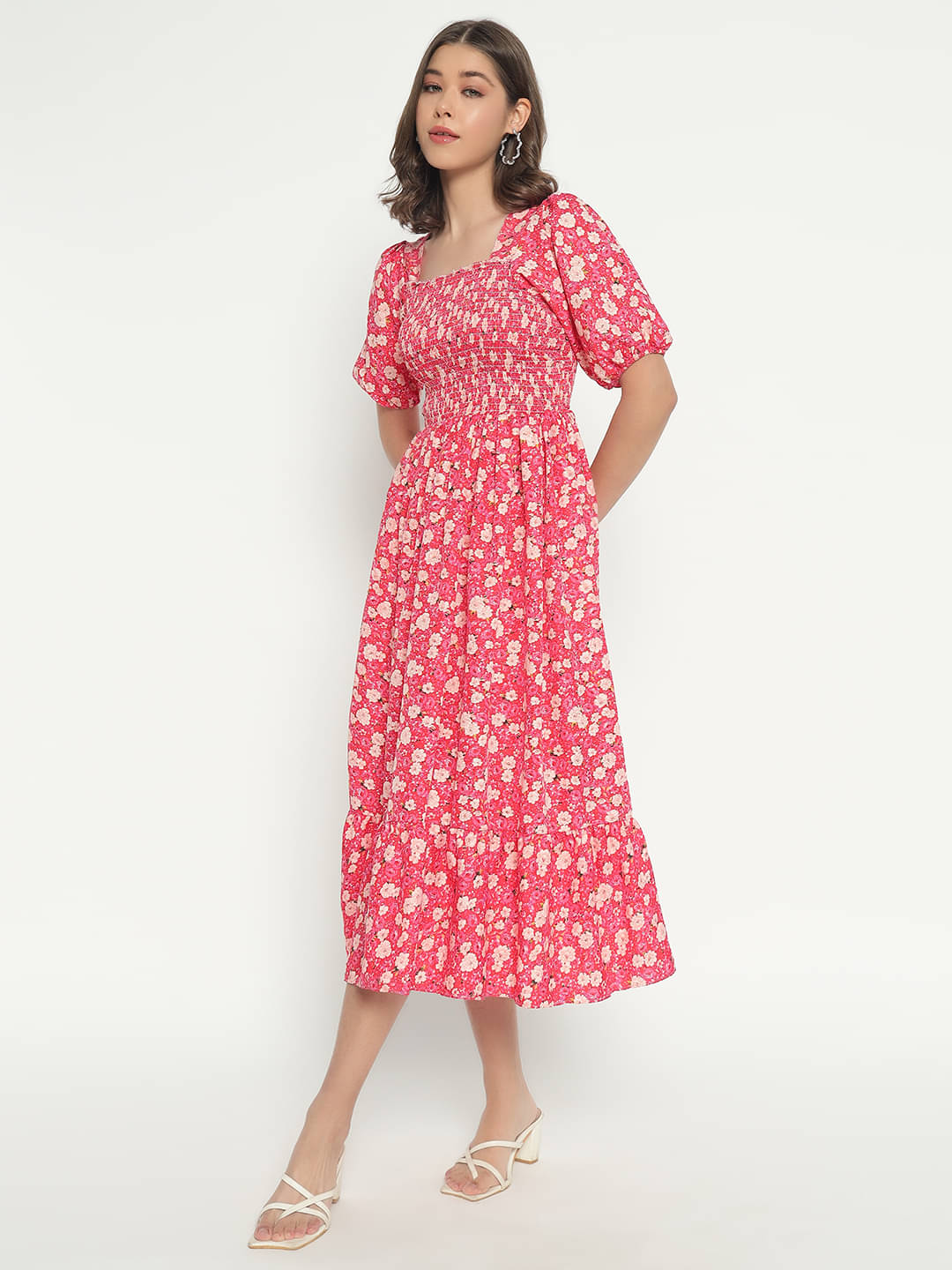 JASH CREATION Women Polyester Printed Fit & Flare Dress ( Peach ) JASH CREATION Women Polyester Printed Fit & Flare Dress ( Peach )