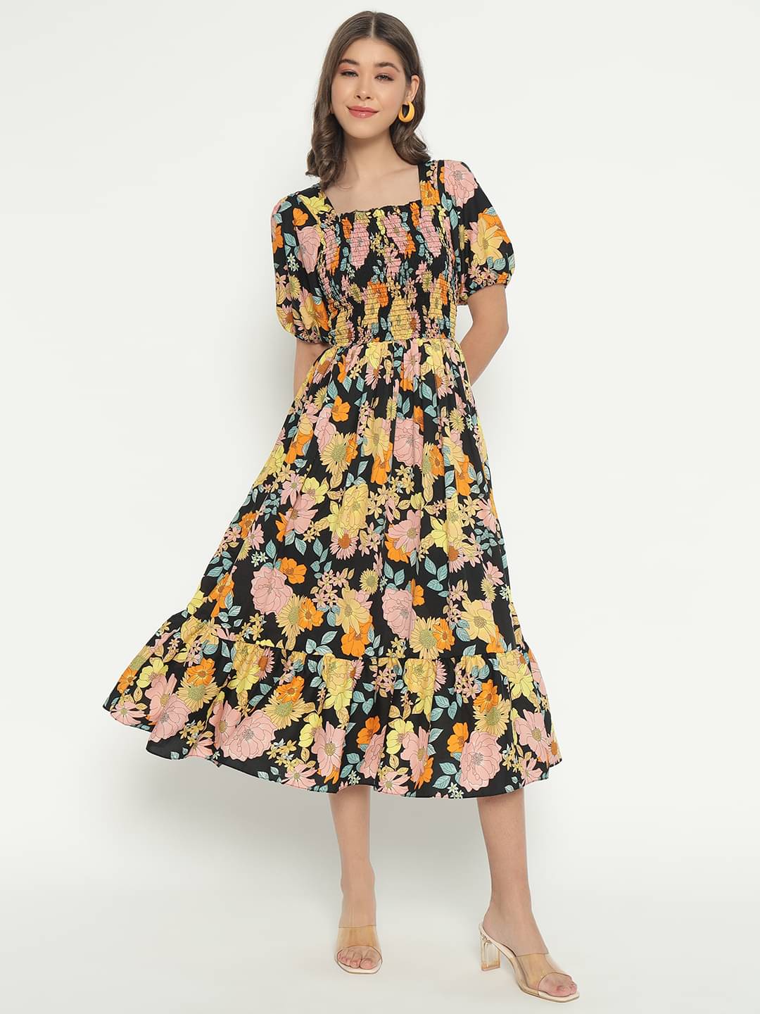 JASH CREATION Polyester Printed Midi Women's Fit & Flare Dress - Yellow ( Pack of 1 ) JASH CREATION Polyester Printed Midi Women's Fit & Flare Dress - Yellow ( Pack of 1 )