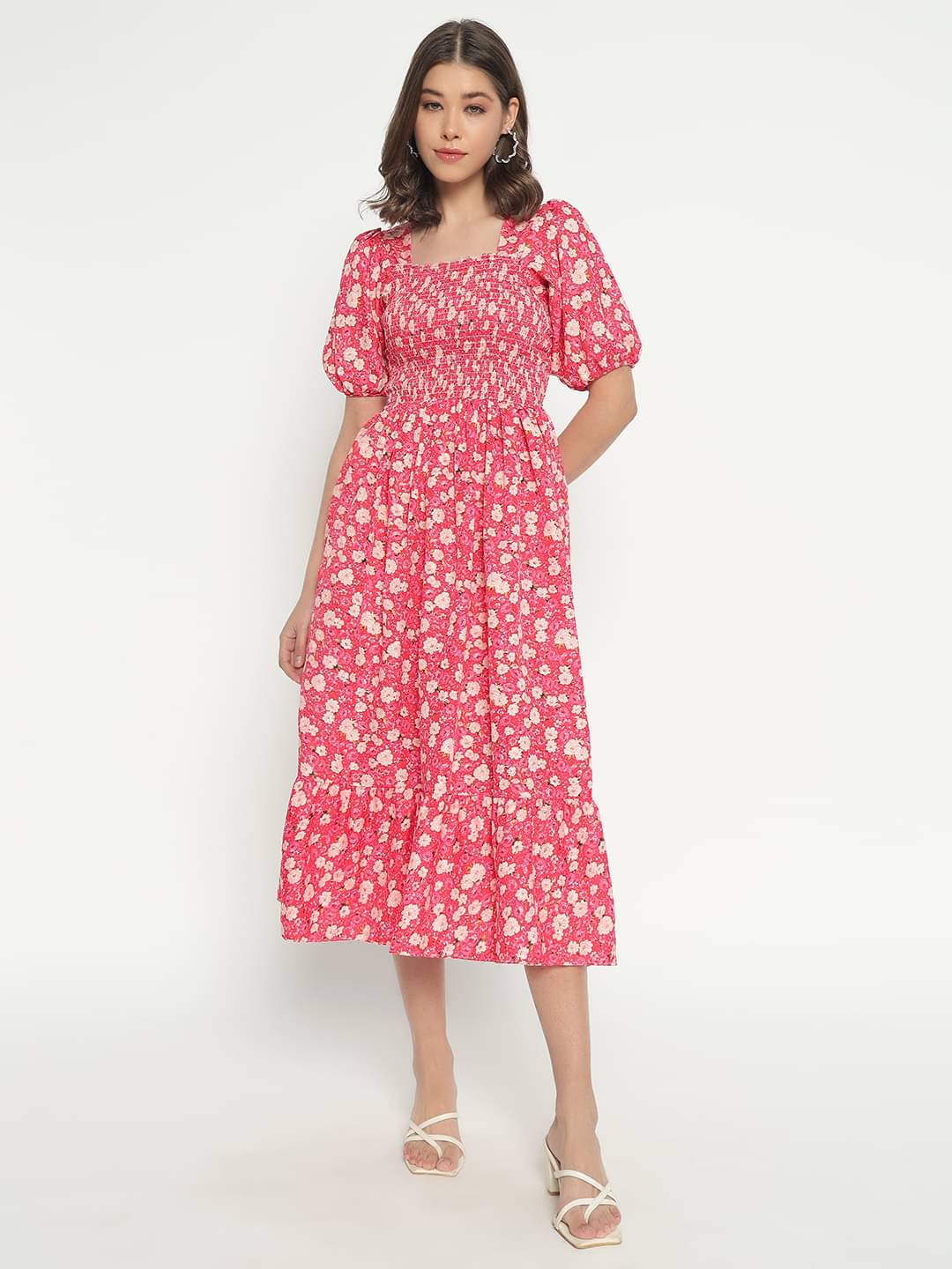 JASH CREATION Polyester Printed Midi Women's Fit & Flare Dress - Peach ( Pack of 1 ) JASH CREATION Polyester Printed Midi Women's Fit & Flare Dress - Peach ( Pack of 1 )