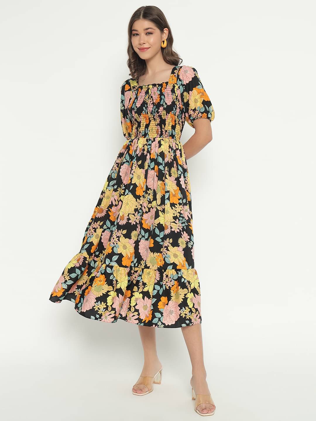 JASH CREATION Polyester Printed Midi Women's Fit & Flare Dress - Yellow ( Pack of 1 ) JASH CREATION Polyester Printed Midi Women's Fit & Flare Dress - Yellow ( Pack of 1 )