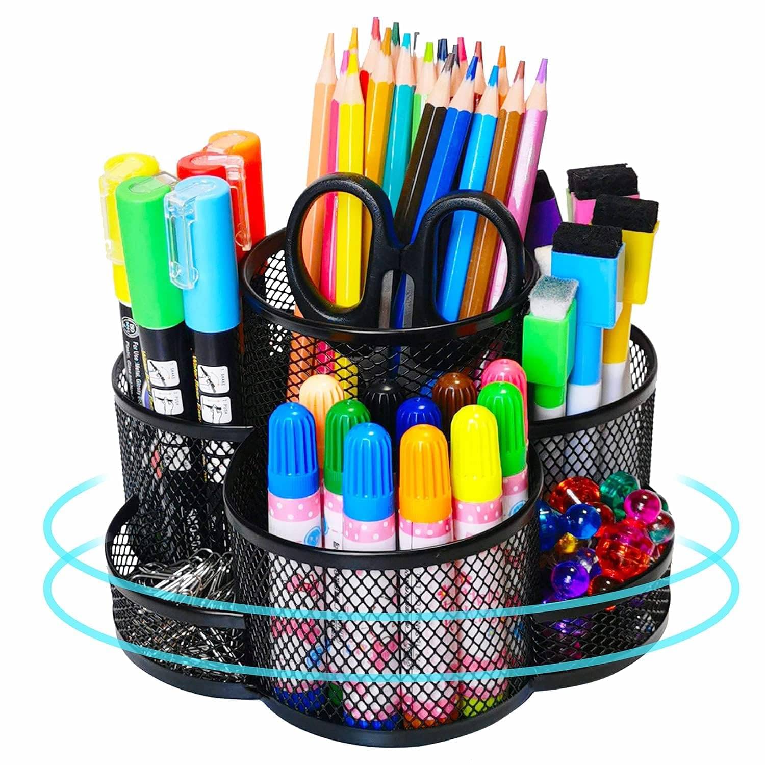     			JELLIFY Rotating Pencil Holder, 7 Compartment Desktop Office Supplies Storage Organizer Caddy Rack