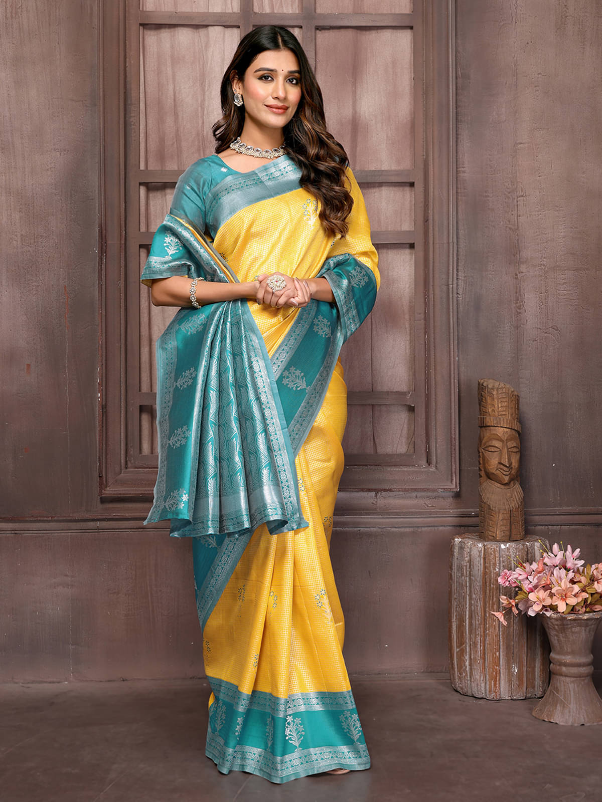 Janasya Silk Blend Embellished Saree With Unstitched Blouse Piece ( Yellow ) Janasya Silk Blend Embellished Saree With Unstitched Blouse Piece ( Yellow )