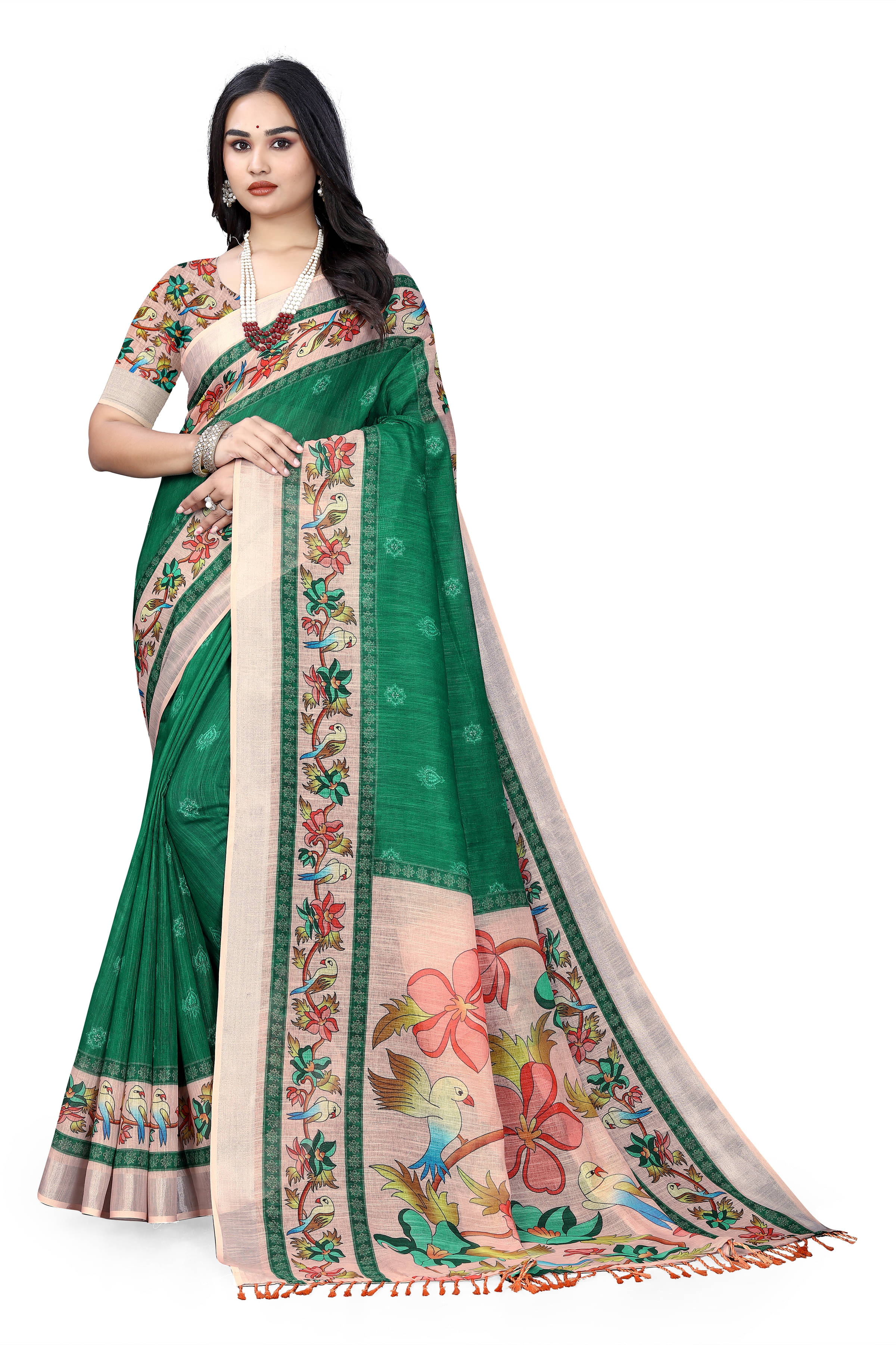     			Kalpana Creation Linen Printed Saree With Unstitched Blouse Piece ( Green )