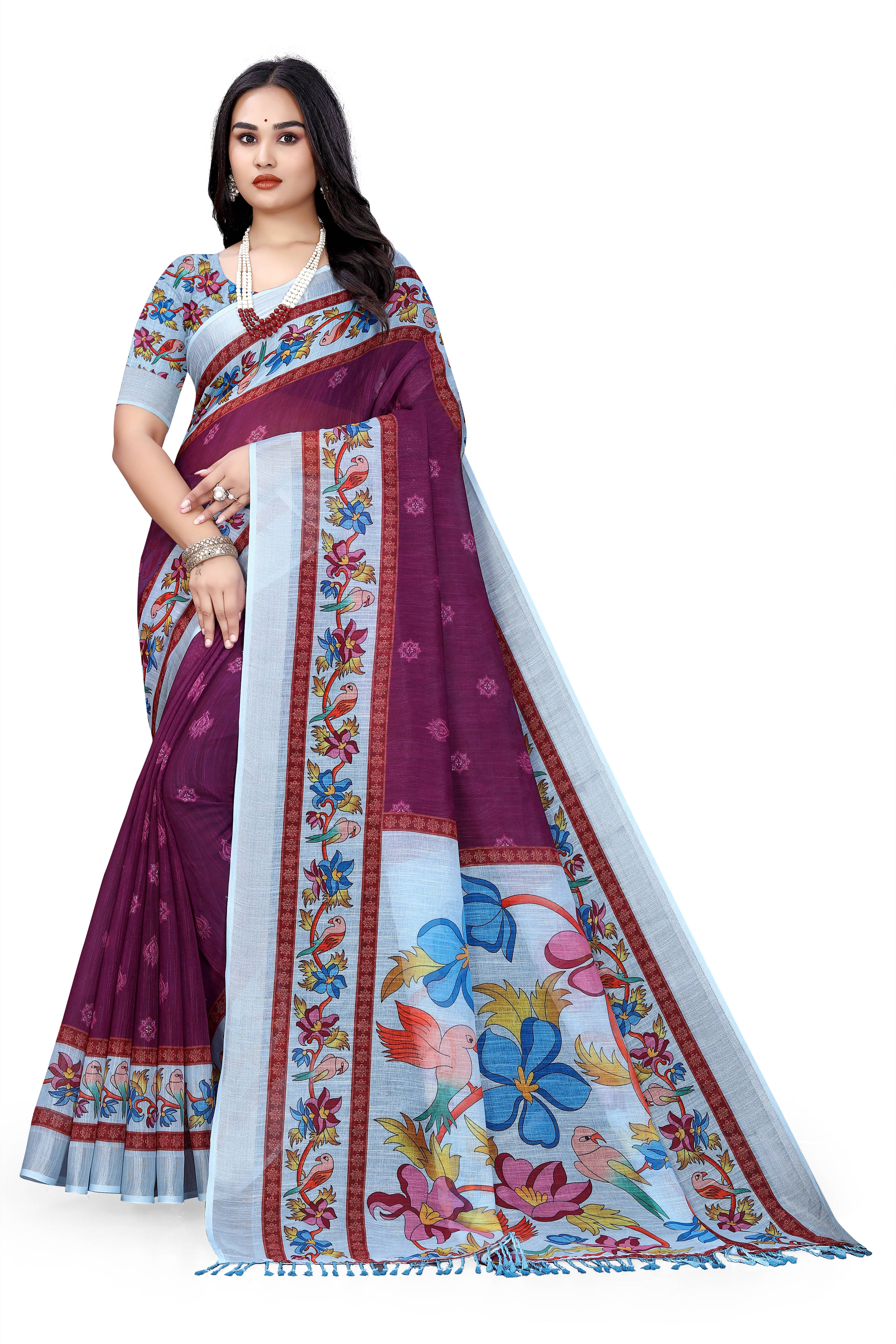 Kalpana Creation Linen Printed Saree With Unstitched Blouse Piece ( Wine ) Kalpana Creation Linen Printed Saree With Unstitched Blouse Piece ( Wine )