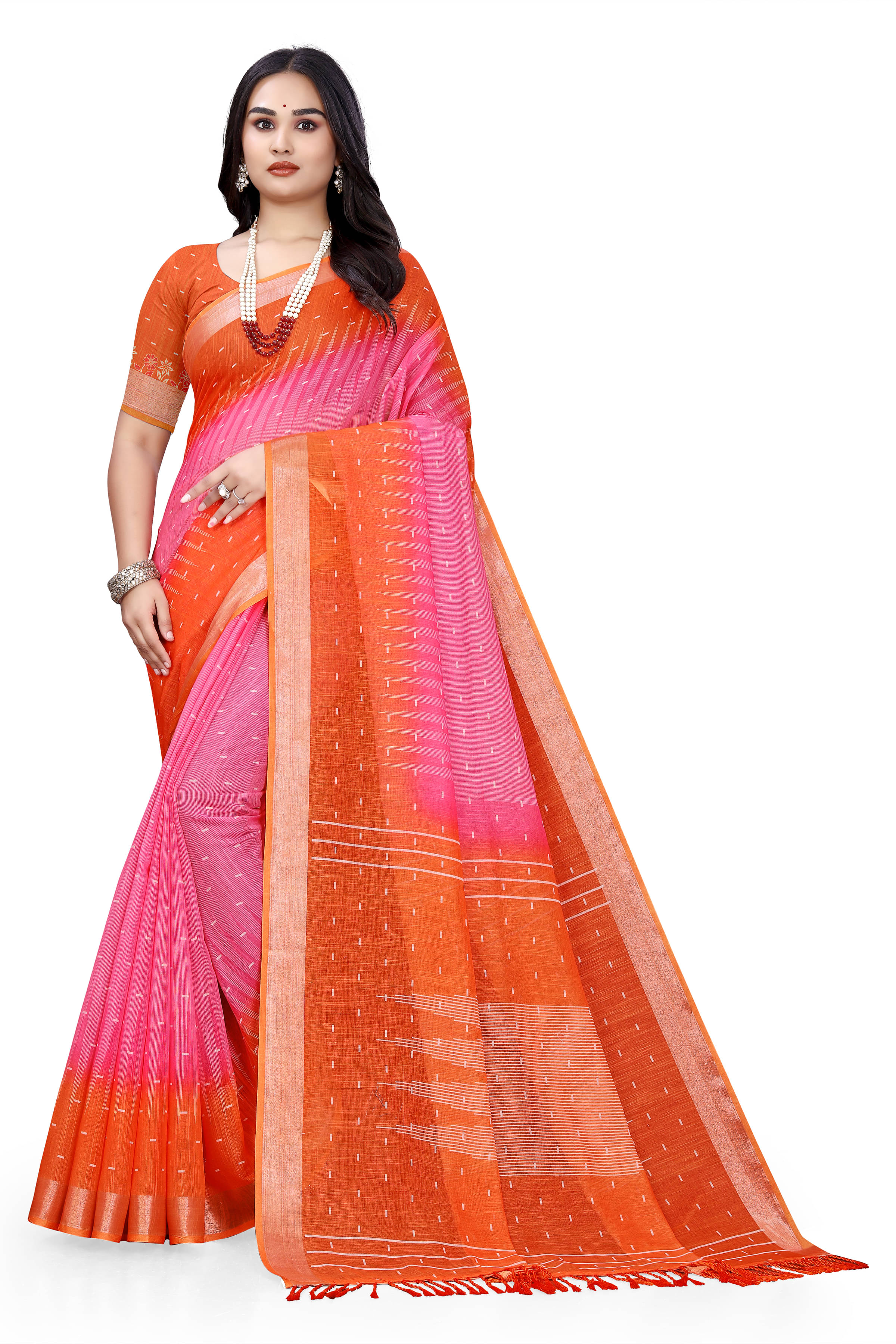     			Kalpana Creation Linen Printed Saree With Unstitched Blouse Piece ( Pink )