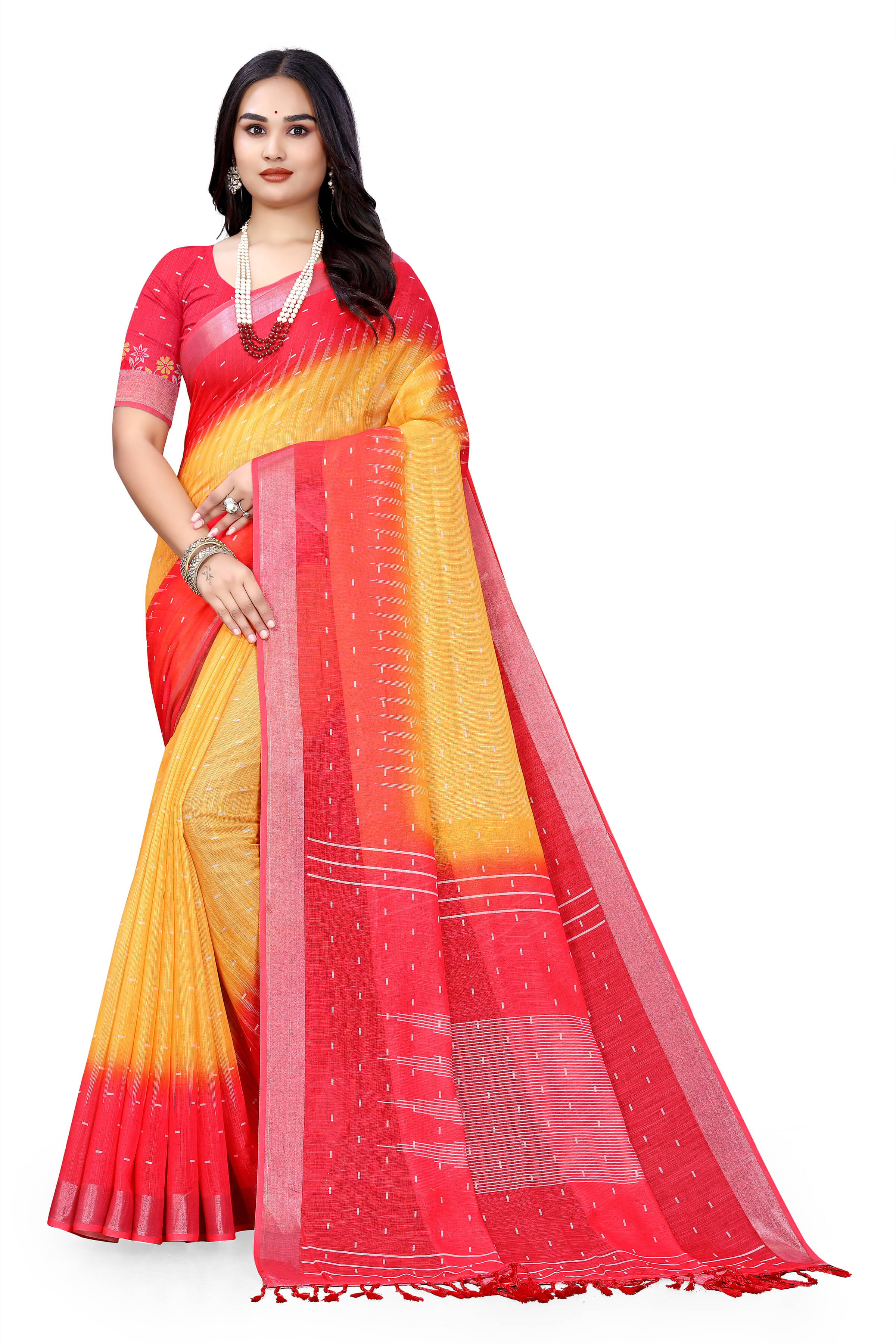     			Kalpana Creation Linen Printed Saree With Unstitched Blouse Piece ( Mustard )
