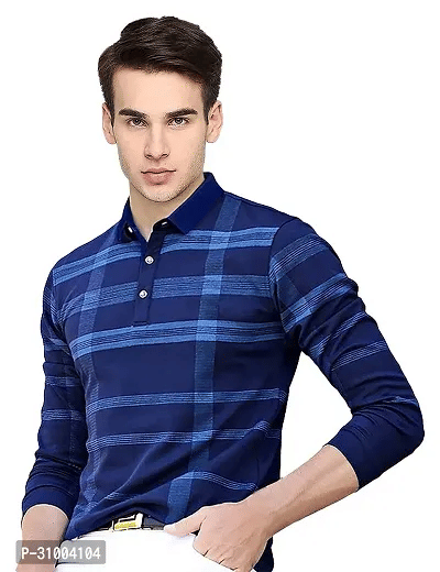 LAMATE Pack of 1 Cotton Blend Regular Fit Checks Full Sleeves Men's Polo T Shirt ( Blue )