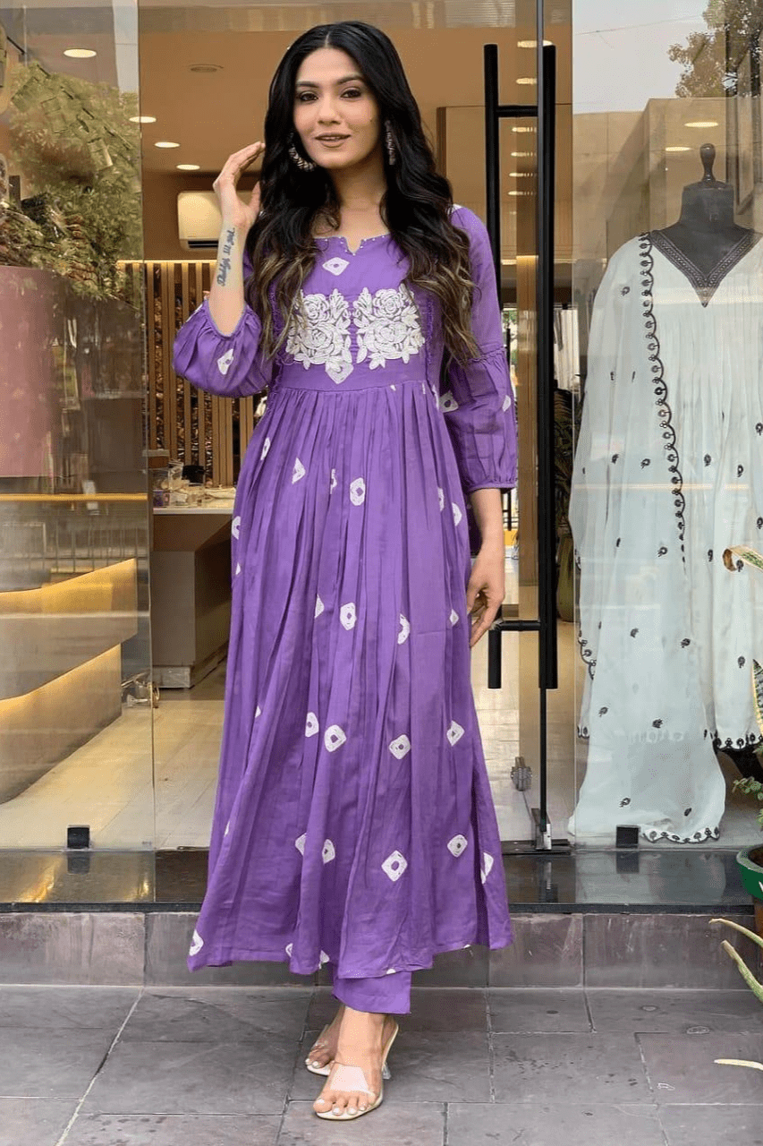 Lee Moda Rayon Embroidered Kurti With Pants Women's Stitched Salwar Suit - Purple ( Pack of 1 )