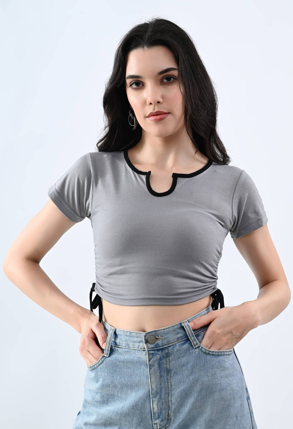     			Lime Women Cotton Solid Slim Fit Round Neck T-Shirt ( Grey )
