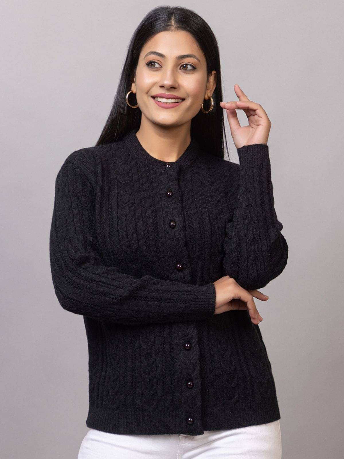 MISDYNAMIC Acrylic Round Neck Women's Buttoned Cardigans - Black ( Single ) MISDYNAMIC Acrylic Round Neck Women's Buttoned Cardigans - Black ( Single )