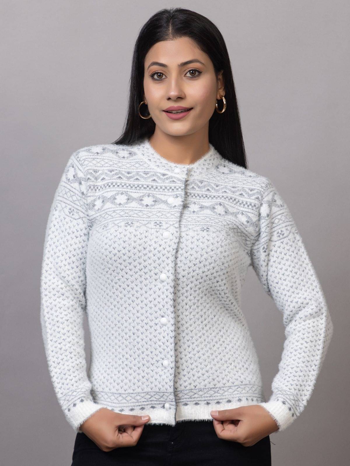 MISDYNAMIC Women Acrylic Round Neck Cardigan ( White )     			MISDYNAMIC Women Acrylic Round Neck Cardigan ( White )