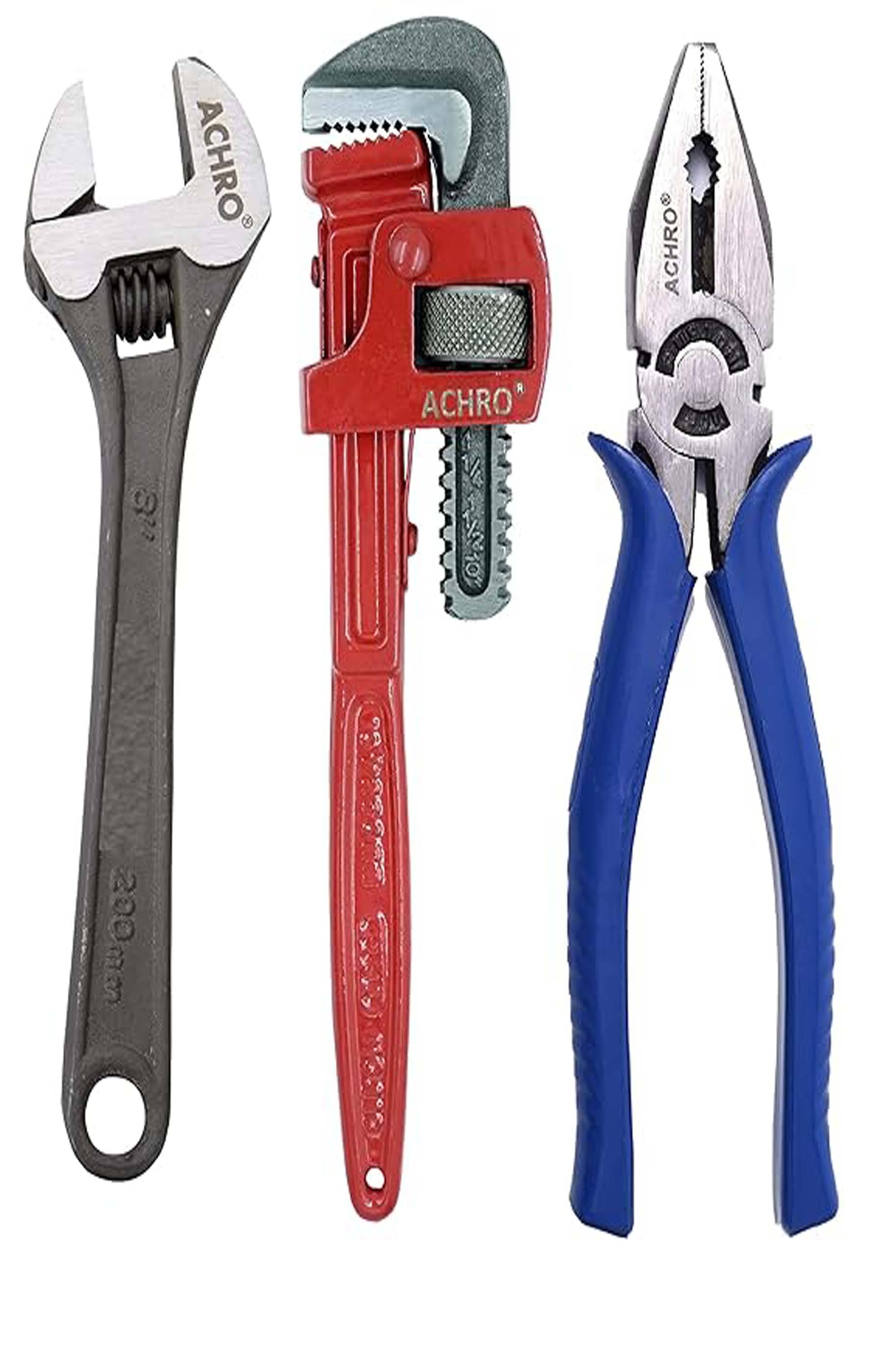     			MS AGROTECH Combo Pack of 3 Tool Kits Set for Home (Contains 8 Inch Adjustable Spanner, 8 Inch Combination Plier, 10 Inch Pipe Wrench)