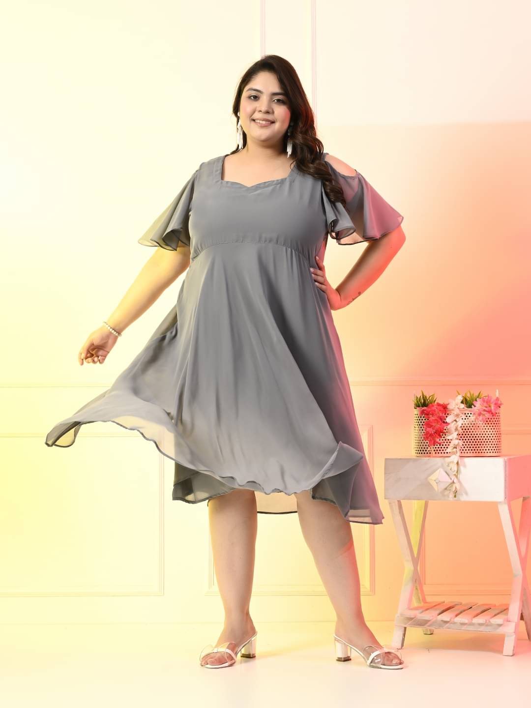 PrettyPlus by Desinoor.com Georgette Solid Midi Women's Fit & Flare Dress - Grey ( Pack of 1 ) PrettyPlus by Desinoor.com Georgette Solid Midi Women's Fit & Flare Dress - Grey ( Pack of 1 )