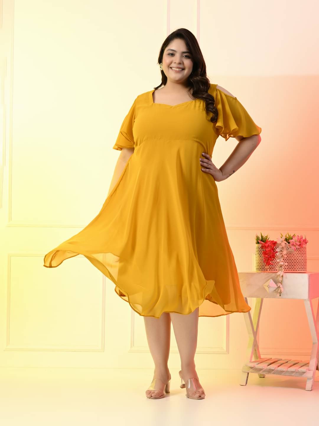 PrettyPlus by Desinoor.com Georgette Solid Knee Length Women's Fit & Flare Dress - Mustard ( Pack of 1 ) PrettyPlus by Desinoor.com Georgette Solid Knee Length Women's Fit & Flare Dress - Mustard ( Pack of 1 )