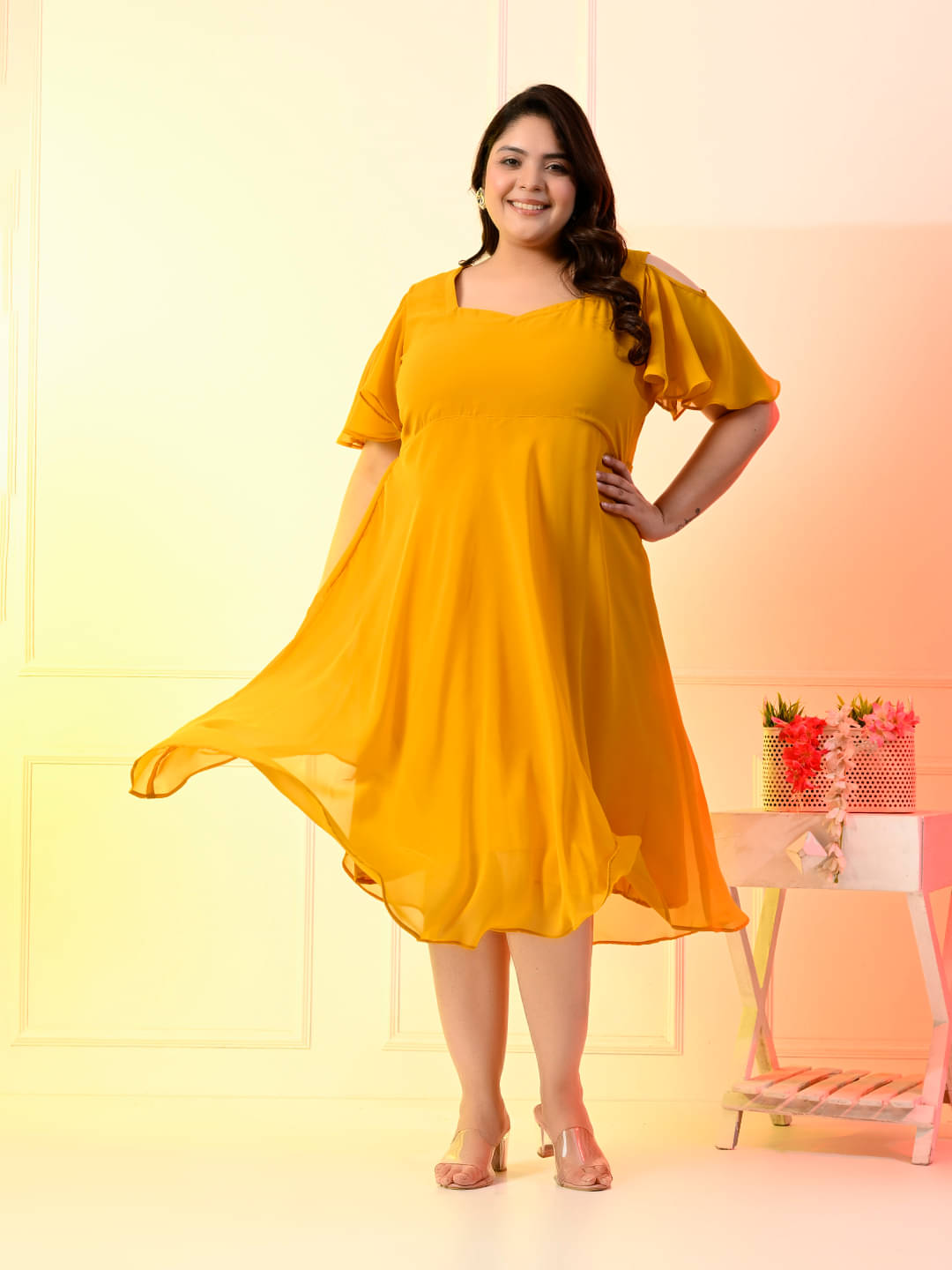 PrettyPlus by Desinoor.com Women Georgette Solid Fit & Flare Dress ( Mustard ) PrettyPlus by Desinoor.com Women Georgette Solid Fit & Flare Dress ( Mustard )