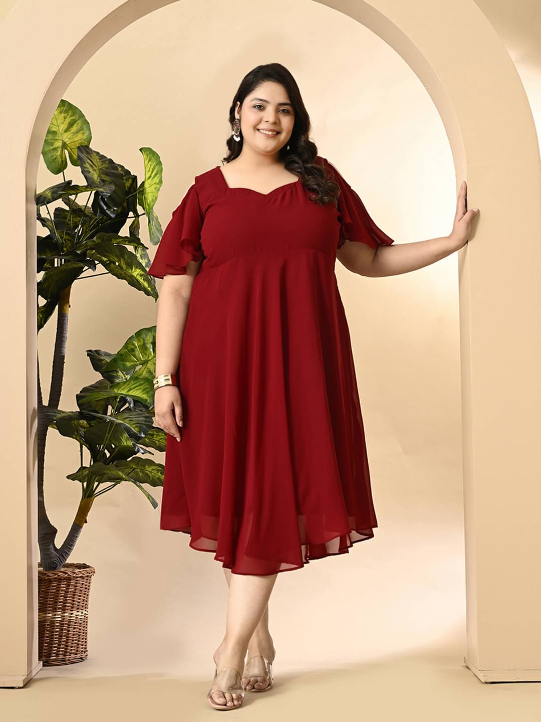 PrettyPlus by Desinoor.com Georgette Solid Midi Women's Fit & Flare Dress - Maroon ( Pack of 1 ) PrettyPlus by Desinoor.com Georgette Solid Midi Women's Fit & Flare Dress - Maroon ( Pack of 1 )